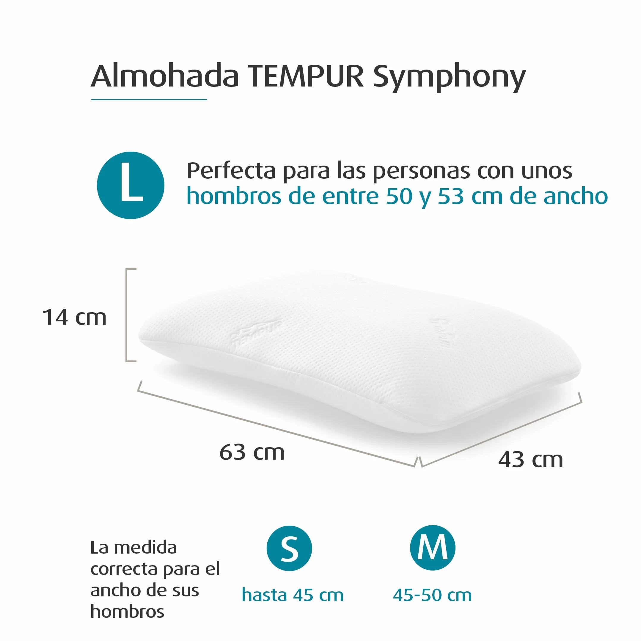 TEMPUR Symphony Almohada de Espuma Viscoelástica, almohada cervical ergonómica para durmientes de espalda y de lado, firmeza, L (63 x 43 x 14 cm), Blanco