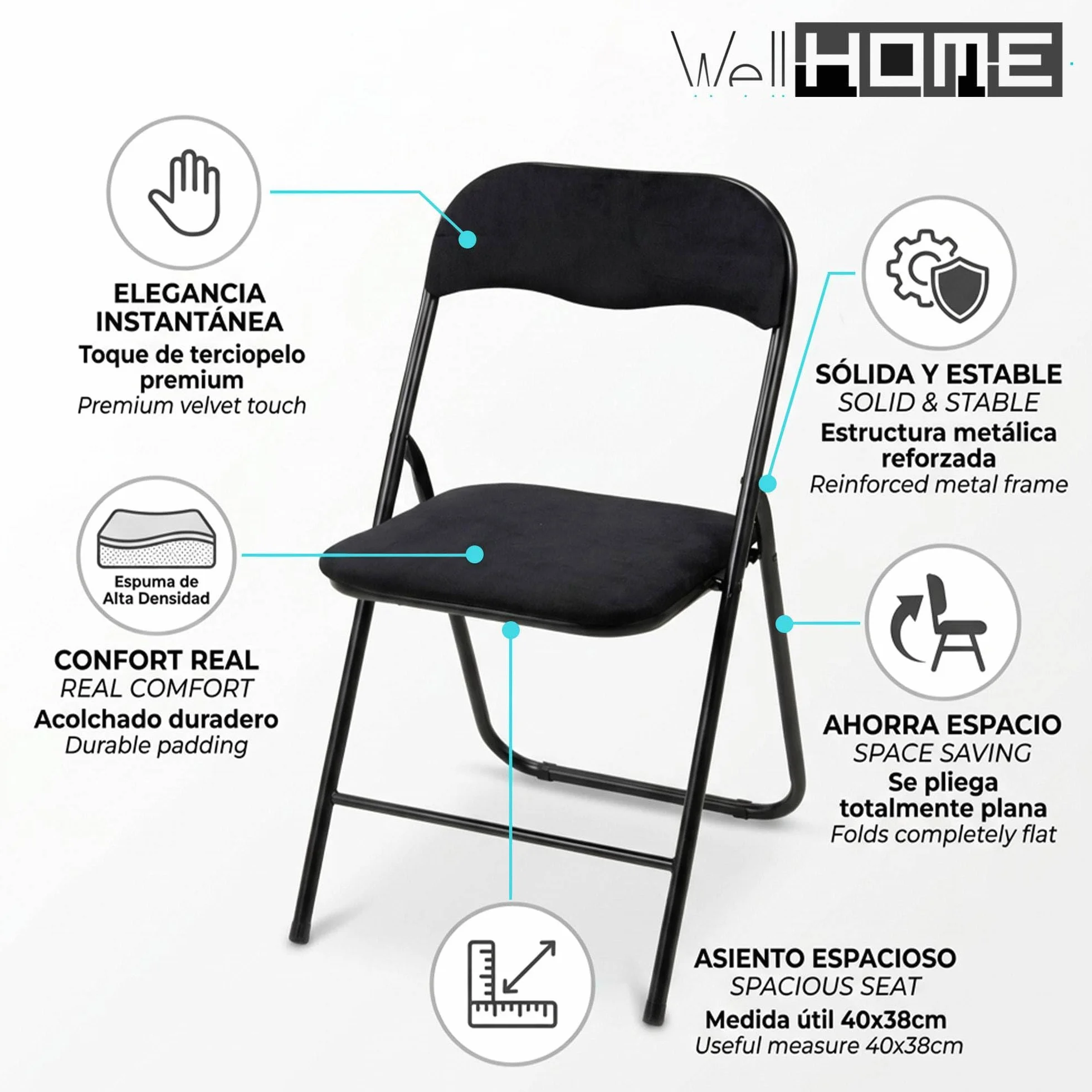 Well Home Silla Plegable Terciopelo Asiento 40x38cm, Acolchada, Estructura metálica, Negra