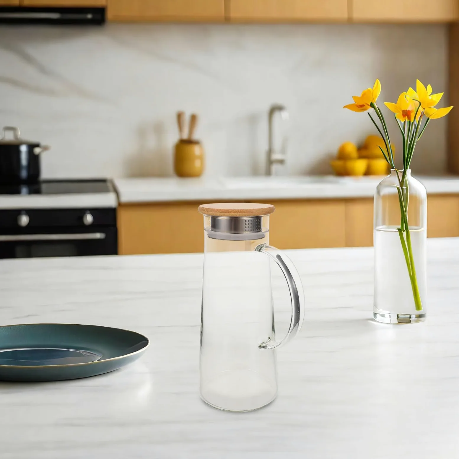 Jarra de Vidrio de Borosilicato para Jugo con Tapa Hermética | Capacidad de 3.8 Litros, Vertido Fácil y Limpieza Sencilla, Resistente al Calor, con Bambú y Acero Inoxidable