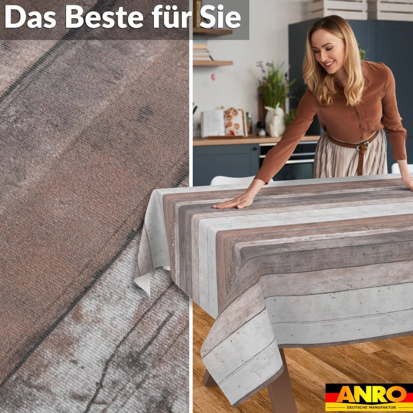 ANRO Mantel de Mesa 70% Algodón 30% Poliéster Diseño Madera Rústica | Antimanchas Fácil Limpieza Cocina Jardín 400x140 cm