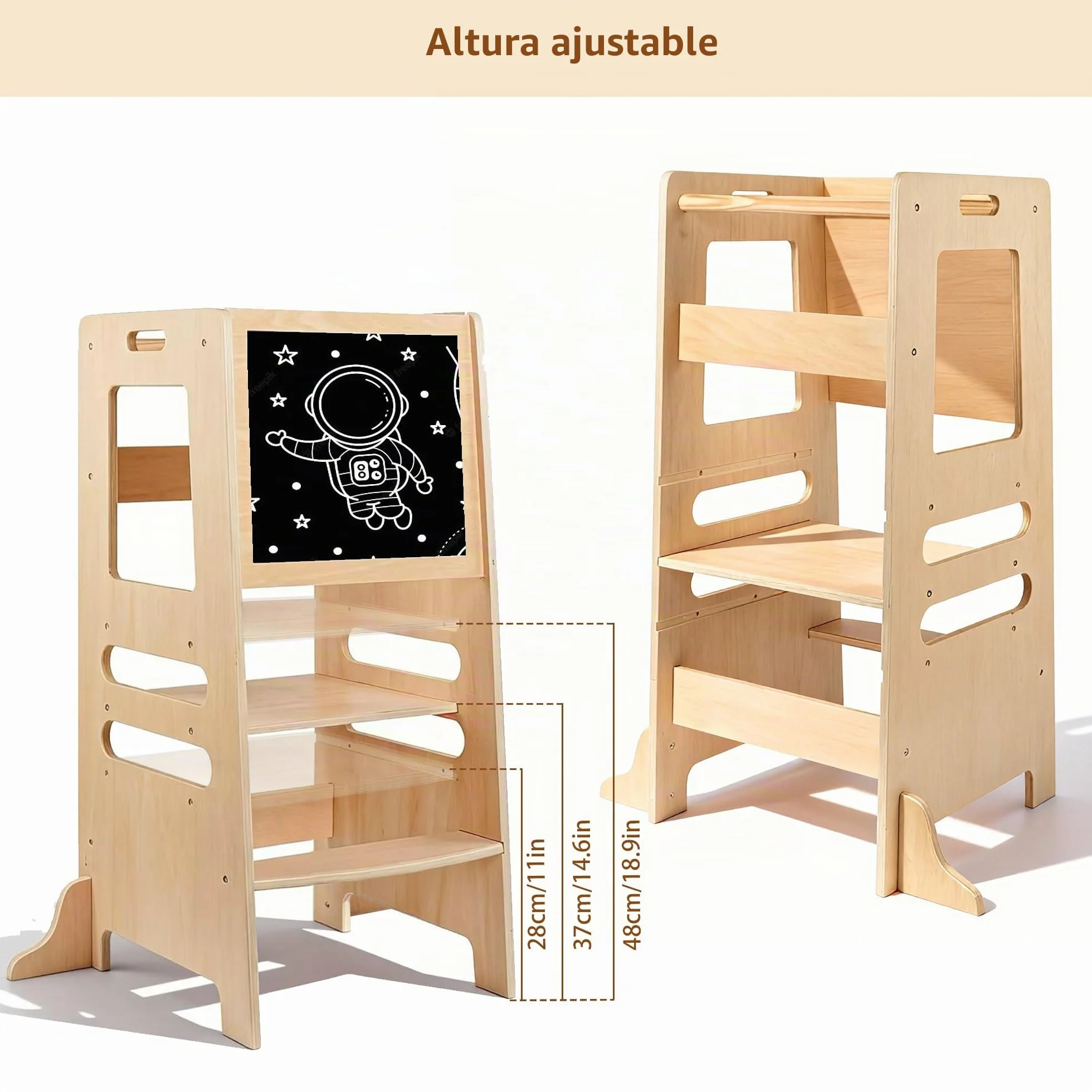 Torre de Aprendizaje Montessori de Madera para Niños, Taburete de Cocina Regulable 1-5 Años con Barra de Seguridad