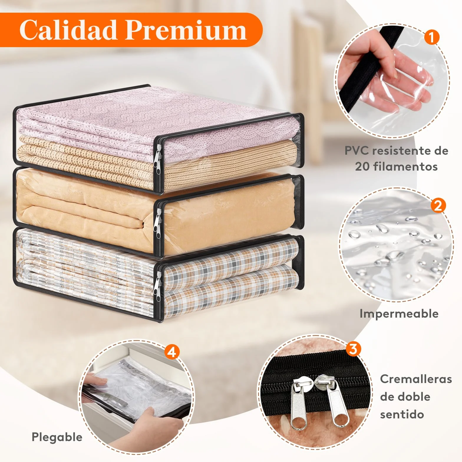 Lifewit Bolsas para Guardar Ropa, Bolsa de Plastico Almacenamiento con Cremallera, Plegables Oganizador Ropa Armario, Cajas Almacenaje, Bolsas para Guardar Edredones, Juguetes, 14 L, 8 Piezas