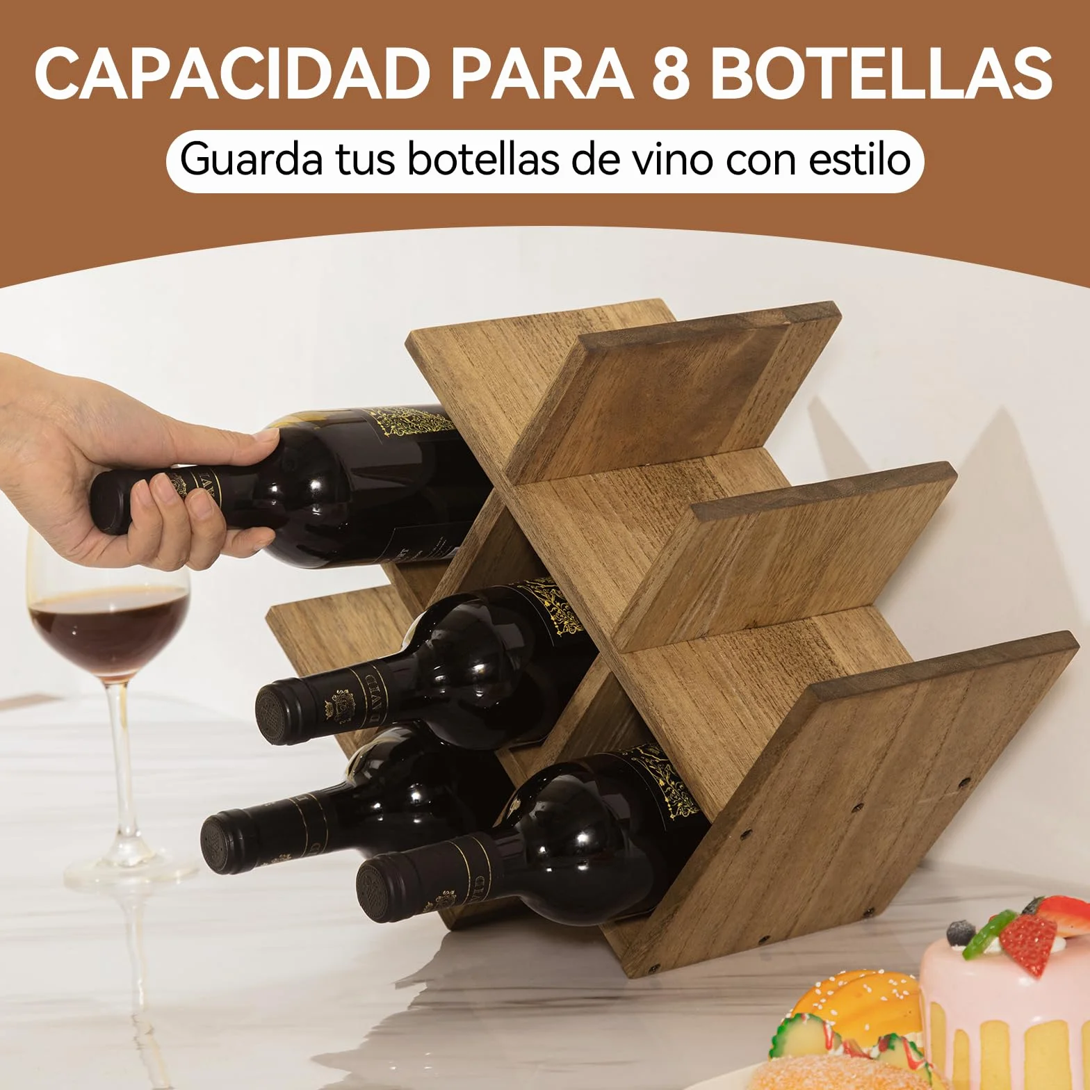KIRIGEN Wein- & Glas-Organizer aus Holz – Präsentierregal für 8 Flaschen (3-stufig) – Vielseitig für Küche, Esszimmer Oder als Geschenk, Color Marrón