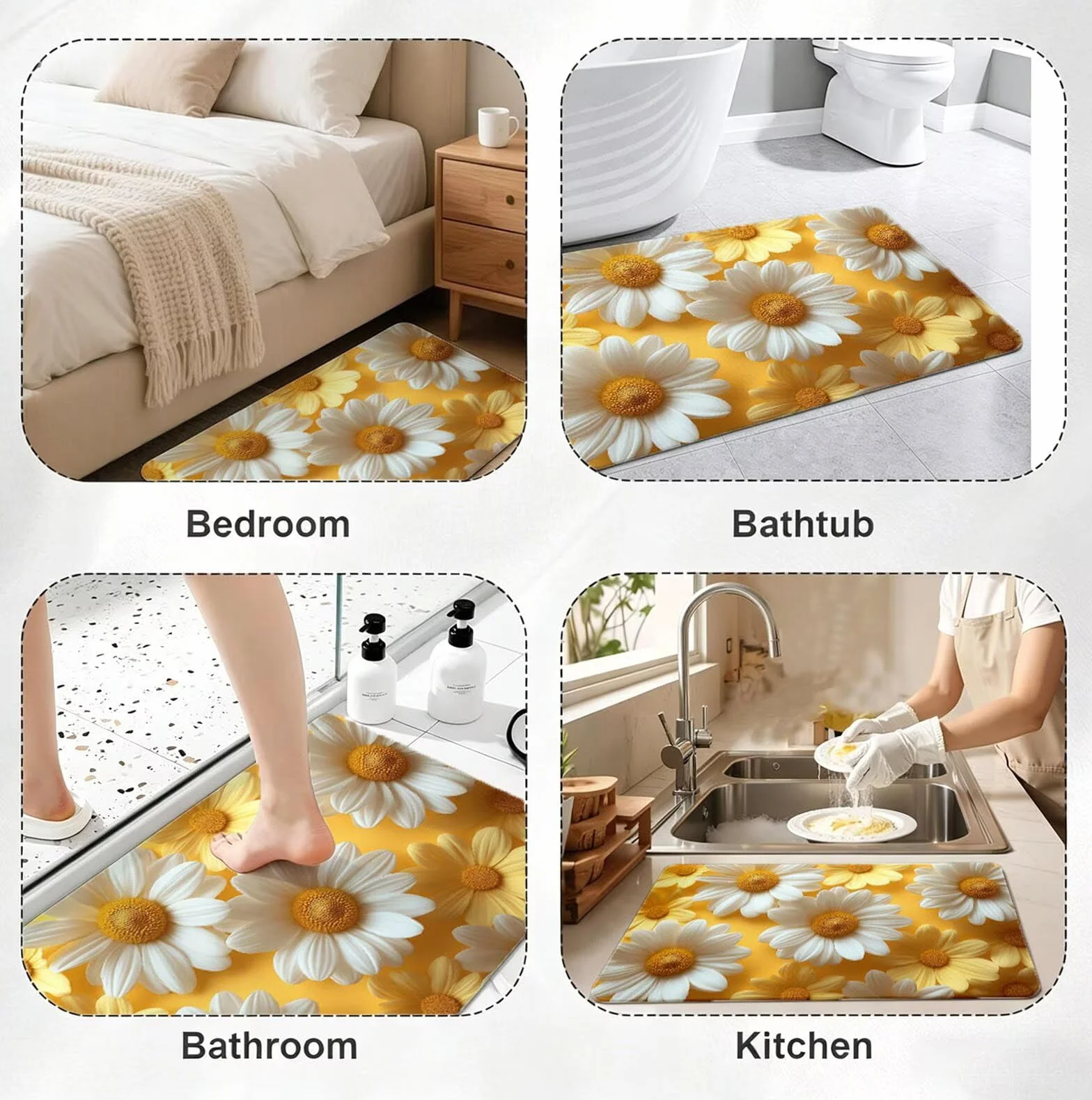 Alfombra Diatomita Baño 60 x 90 cm, Blanco Alfombra Bañera Antideslizante, Ducha Secado Rapido Alfombrilla Baño, Alfombrilla de Baños Lavable, Fácil de Limpiar, para Ducha, Bañera Margarita O-6506