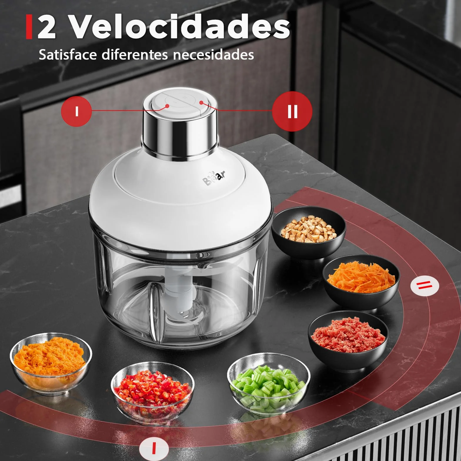 Bear 0.6l+2L Picadora de Alimentos,Clase de 2 Velocidades, Trituradora de Cocina Eléctrica, Trituradora de 300w, con 4 Cuchillas de Acero Inoxidable y Picadora de Carne