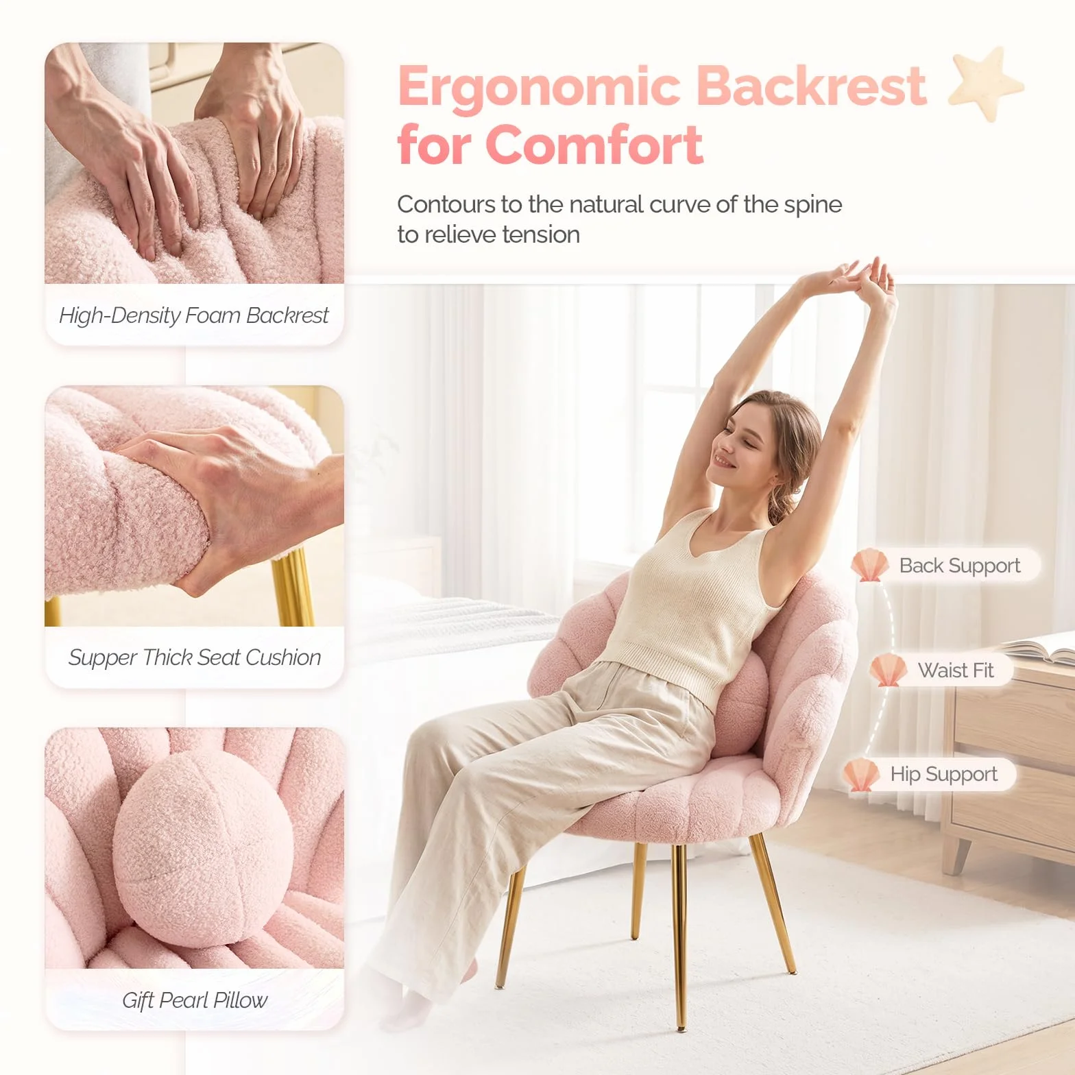 Bonnlo Silla Tocador Maquillaje, Silla Escritorio sin Ruedas de Peluche Sueve, con Respaldo Forma de Concha y Cojín Extraíble, Sillón Comedor Estilo Nórdico con Patas Doradas y Respaldo Redondo, Rosa