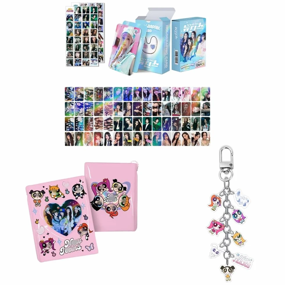 K-pop - Juego de 60 tarjetas fotográficas postales, 64 calcomanías, soporte para carpeta de álbumes, llavero (NEW-JEANS)