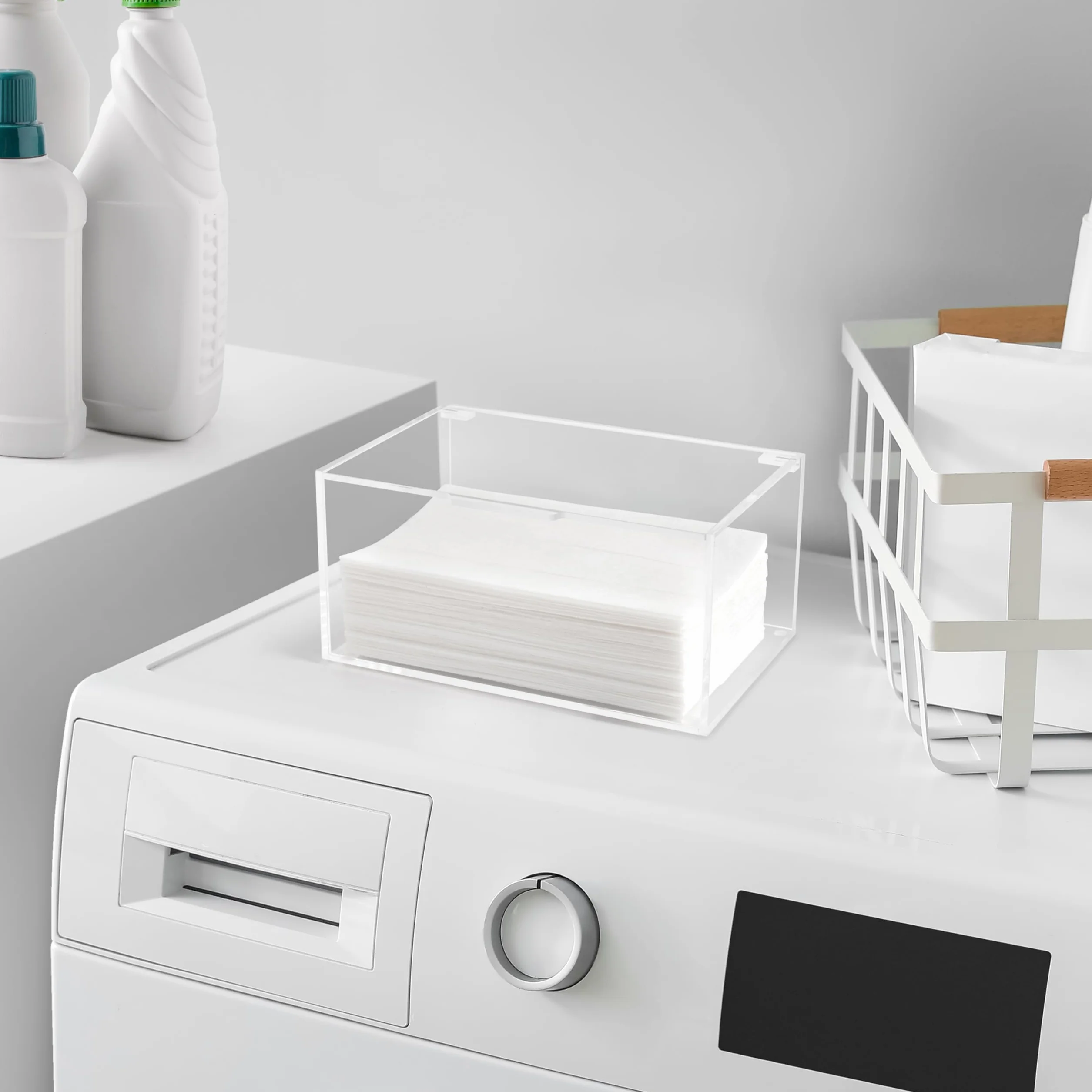 Winter Shore Soporte Metacrilato para Productos de la Secadora- Caja Acrilico Transparente con Tapa Artículos de Limpieza, Alfileres y Más - Dispensador Metacrilato Rectangular Capacidad Máxima 1,8 L