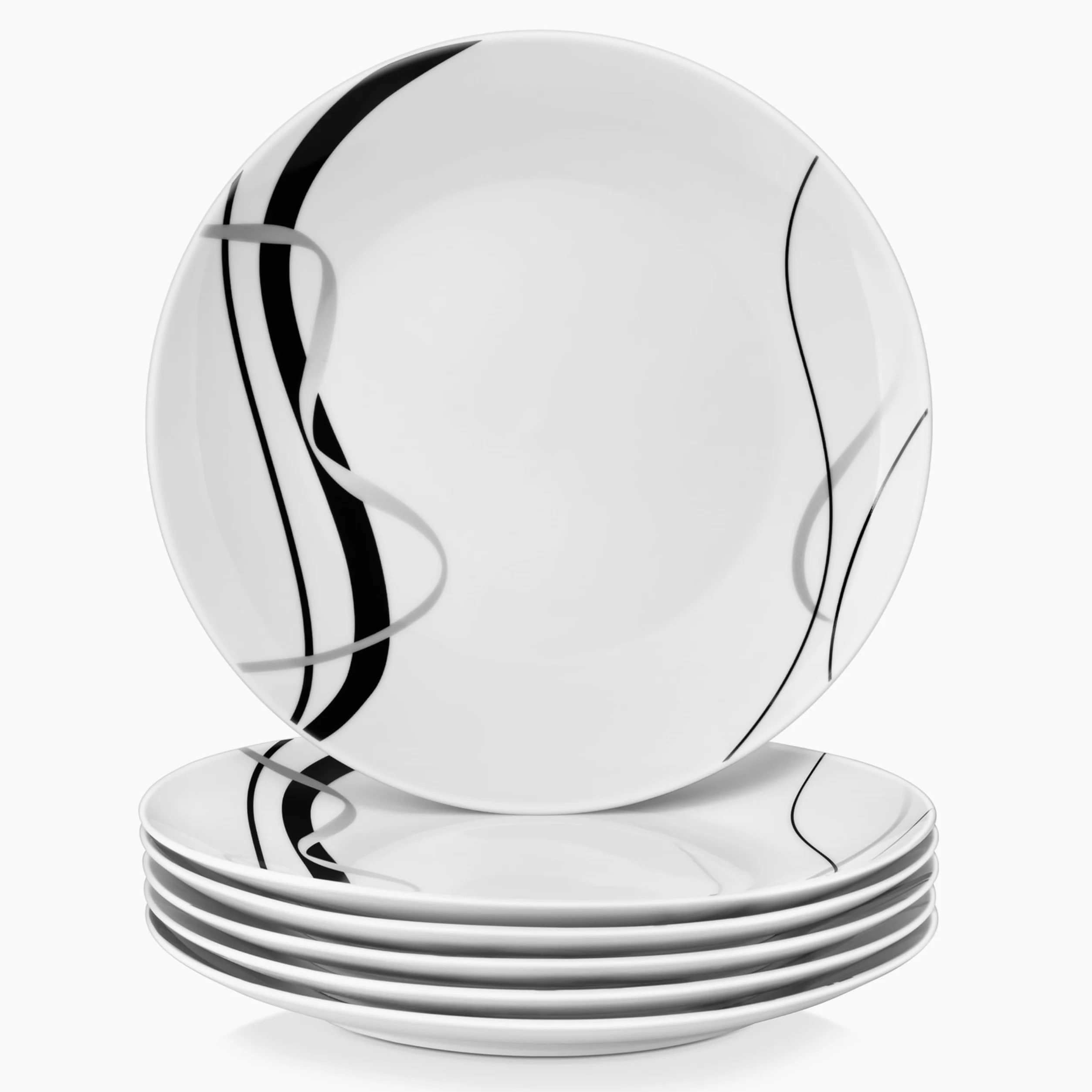 VEWEET Juego de 6 Platos Llanos, Platos de Porcelana 27,4 x 3 cm, Platos Redondos para 6 Personas Platos Modernos de Pasta con Líneas Negras y Plateadas, Aptos para Microondas y Lavavajillas, FIONA