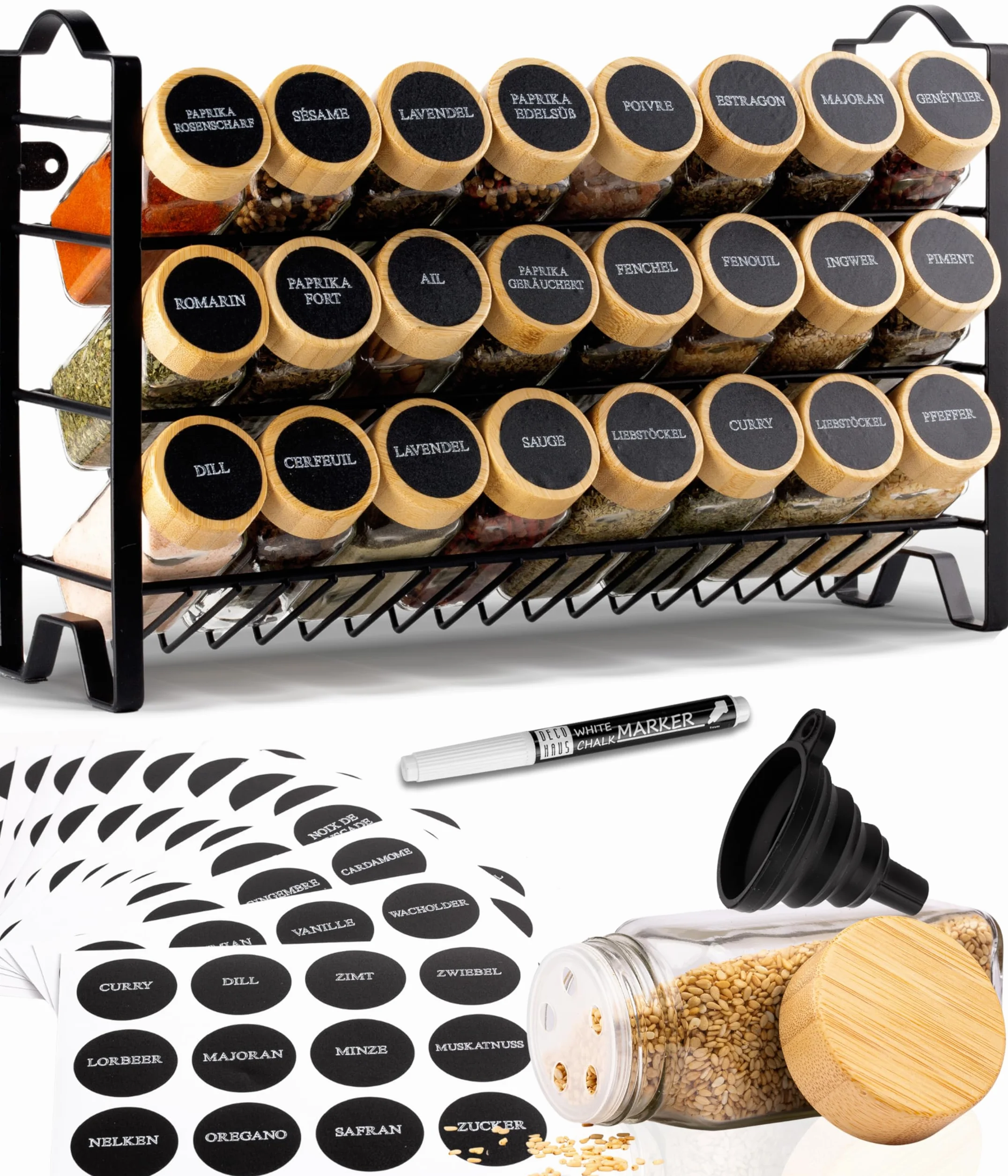 Deco haus® Especieros para Cocina - 24 Botes Especias, Organizador Especias de Condimentos de Metal 3 Niveles - Especiero 24 Tarros de Especias, 48 Etiquetas - Diseño Independiente o para Montar Negro