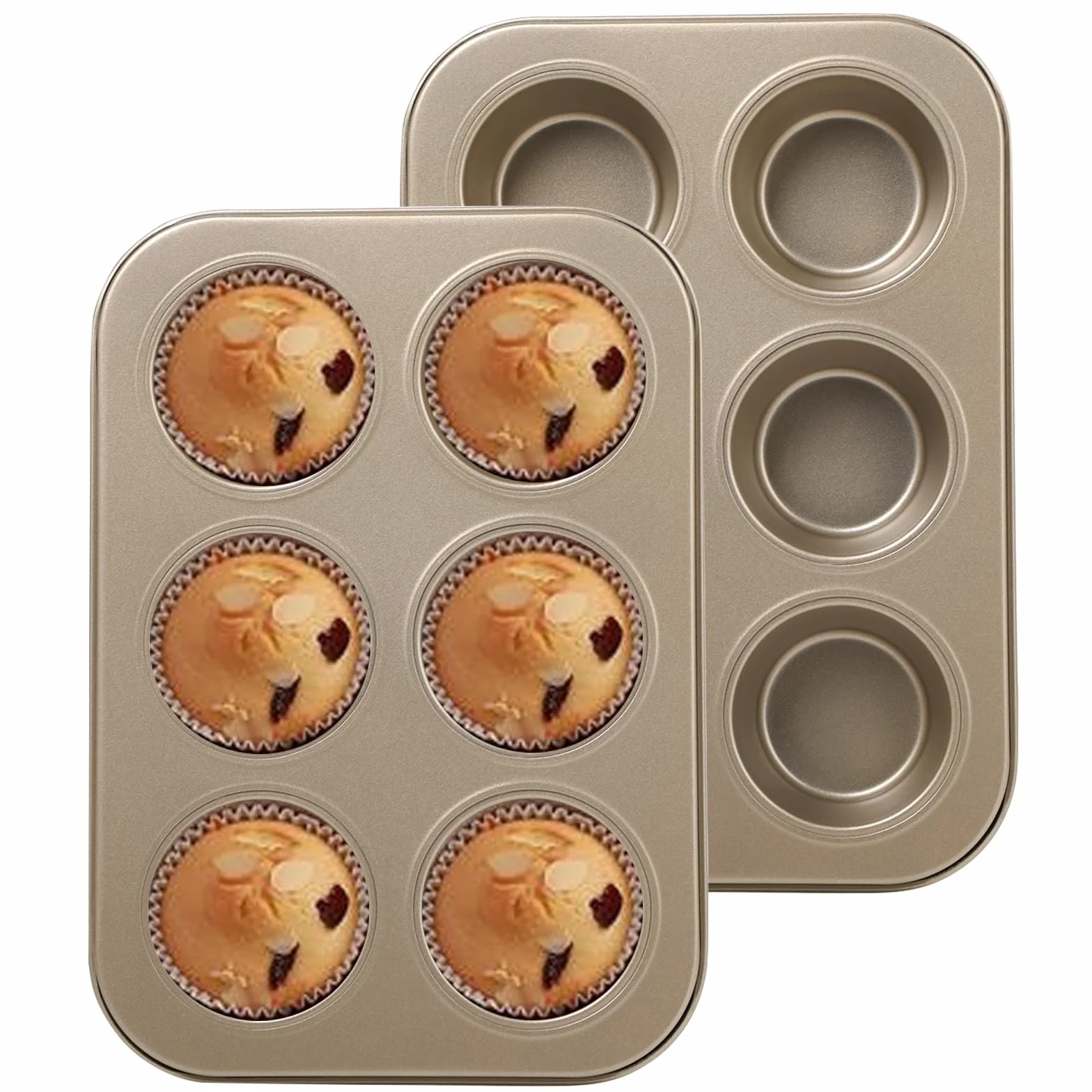 KITDAHOM Juego de 2 moldes de acero para 6 magdalenas, bandeja para hornear antiadherente, ideal para magdalenas, tartas y pudín