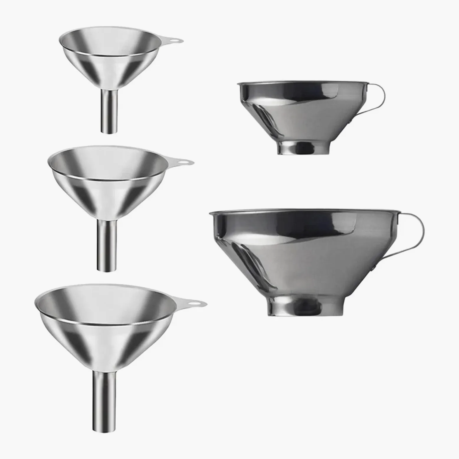Embudo de acero inoxidable Paquete de 5 embudos de acero inoxidable plateados de varios tamaños, accesorios de cocina