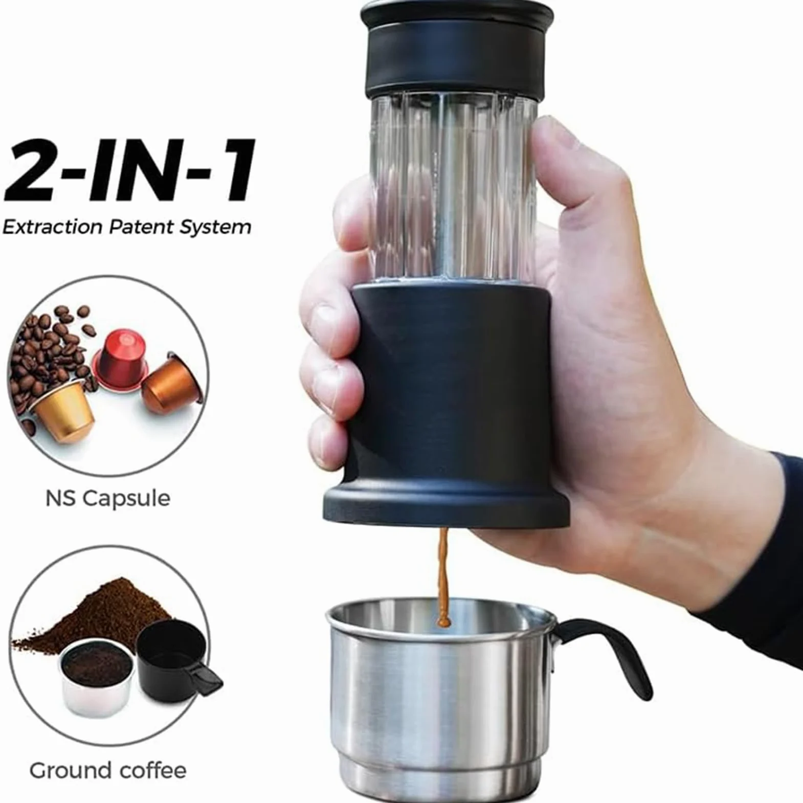 Máquina de café expreso portátil,Cafetera Portátil Cápsula de Espresso 3 en 1, Operación Manual, Mini Cafetera de 10-15 Bares, Máquina Café pequeña para Viajes, Camping