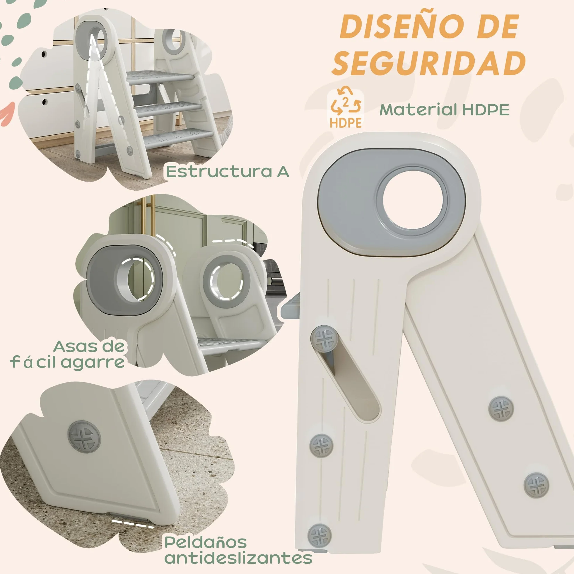 AIYAPLAY Taburete Plegable Torre de Aprendizaje Ajustable para Niños 18-60 Meses Antideslizante Gris y Blanco