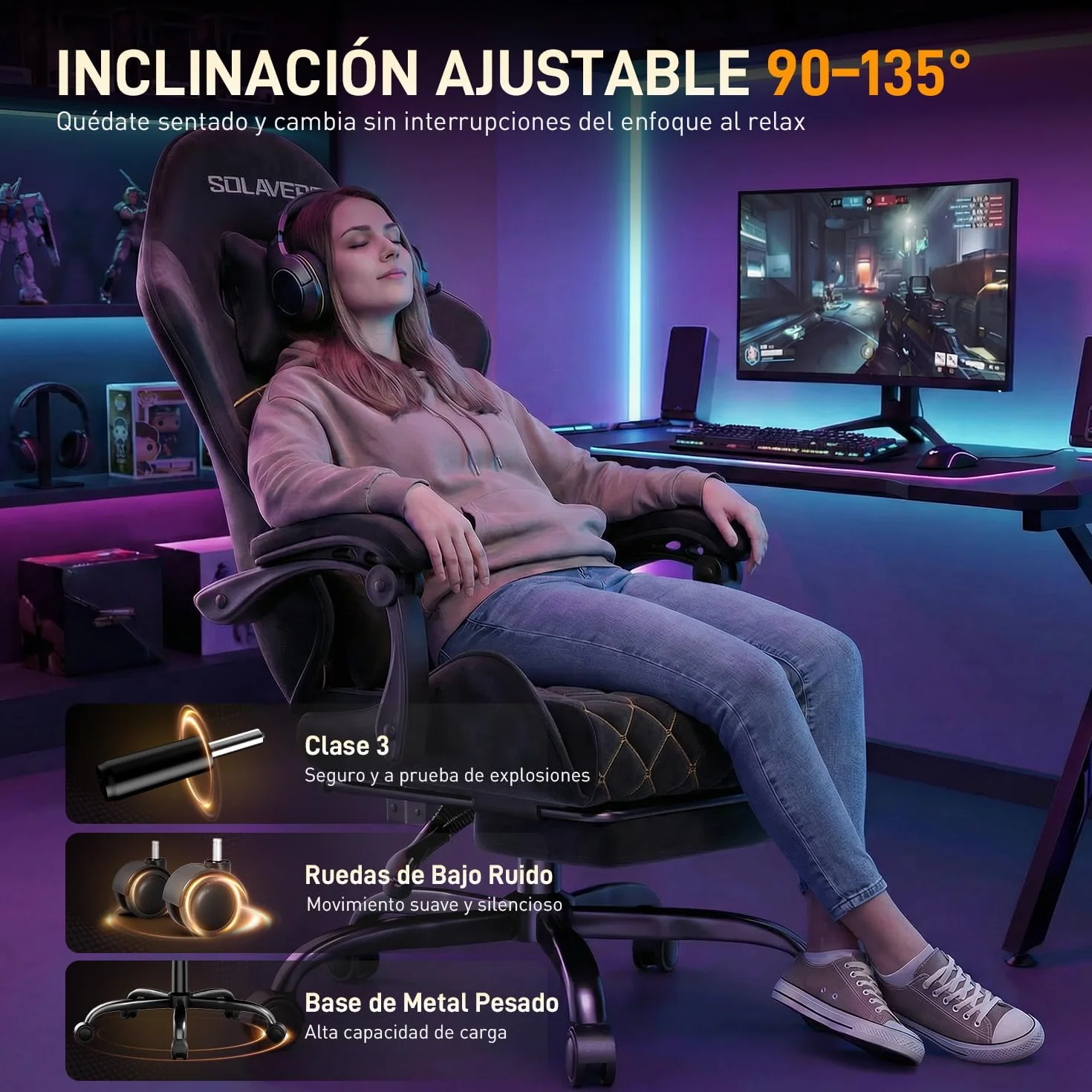 SOLAVERO Silla Gaming de Tejido de Antelina, Silla Gamer Ergonómica con Soporte Lumbar Masaje, Sillón Gamer con Reposapiés Telescópico, Capacidad 150KG, Cadeira Gaming Negro