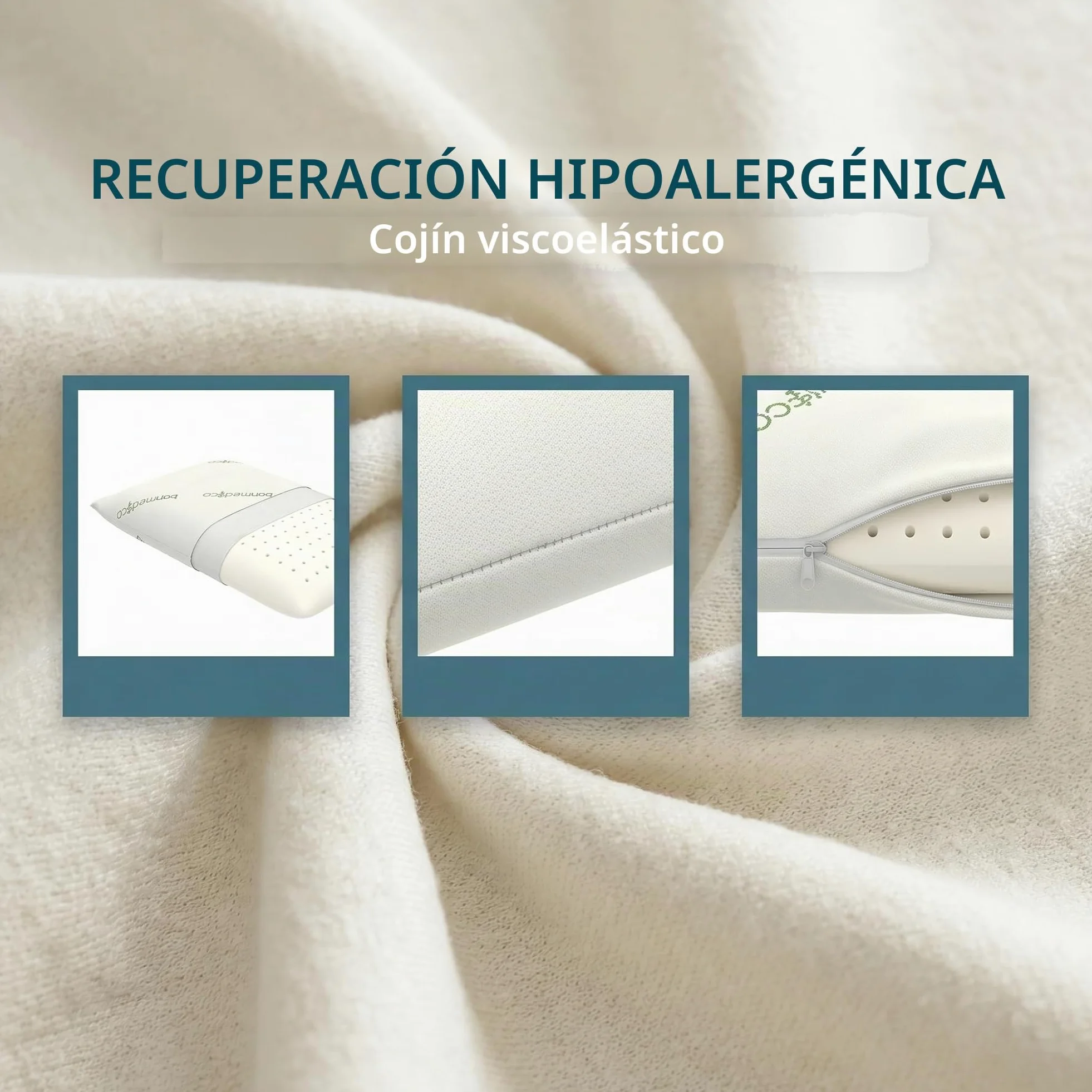 bonmedico Almohada Cervical Viscoelástica Fibra Bambú | Almohada con espuma memoria y funda de bambú lavable. Soporte cómodo para cuello y descanso.