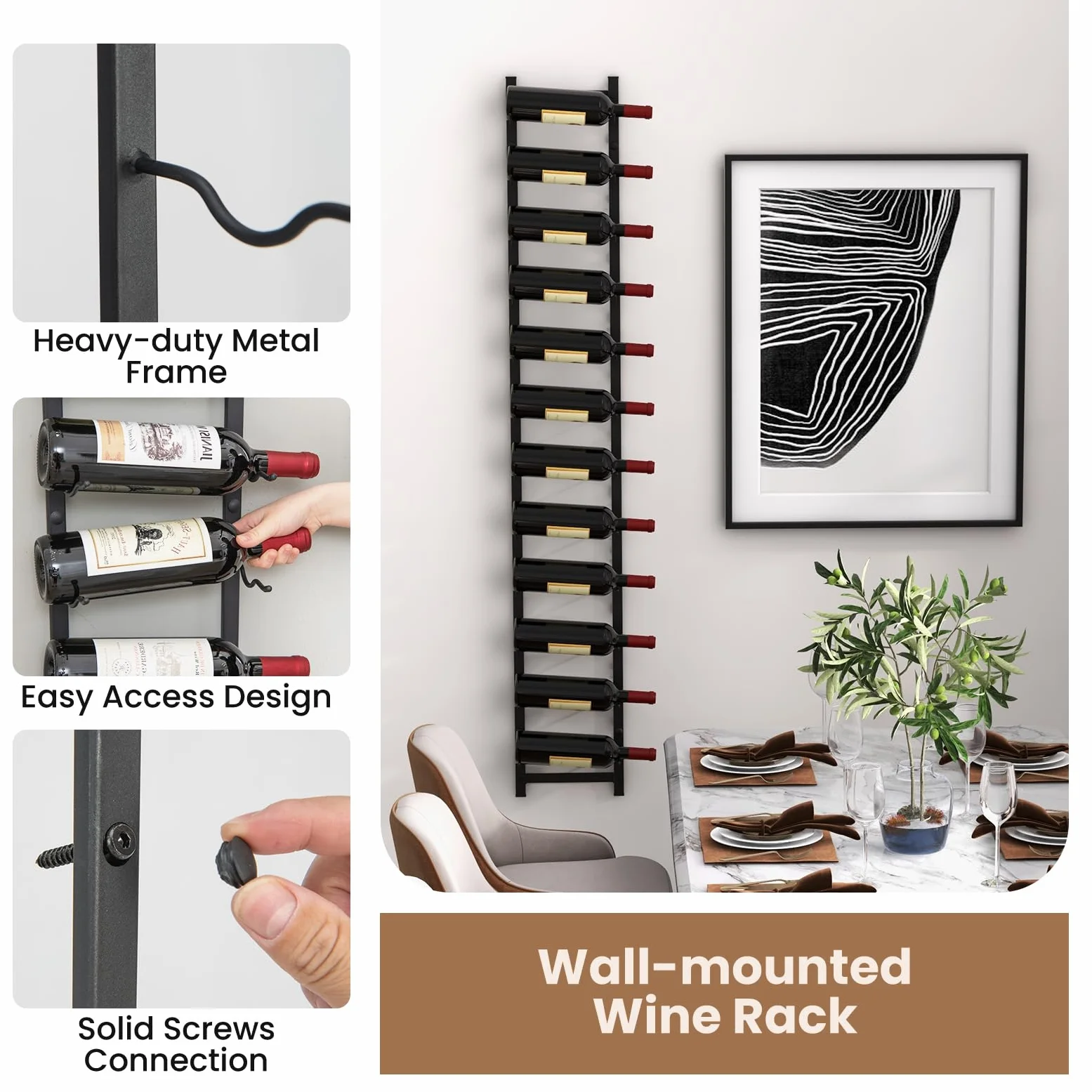 KOMFOTTEU Botellero Vino de Pared para 6/9/12 Botellas, Portabotella Metálica Vertical, Estante Colgante Decorativo para Vino, Organizador de Botellas para Cocina, Comedor, Bar (12 Botellas)