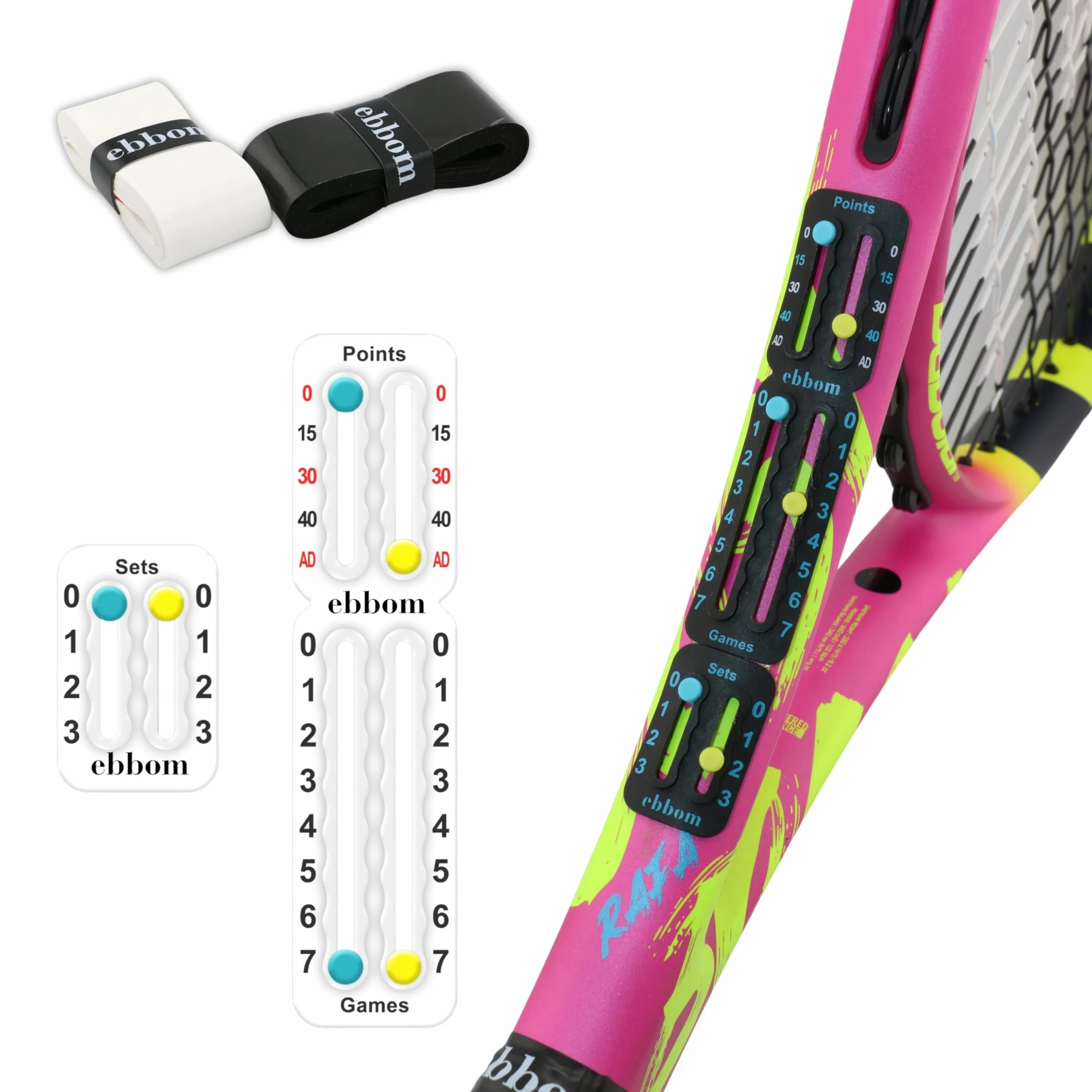 Contador Puntos Padel y Tenis Ultraligero Adhesivo 3M- Incluye 2 Overgrips B/N y 1 Limpiador – Adaptable a Todas Raquetas y Palas - Padel Accesorios - Contador de Puntos Padel
