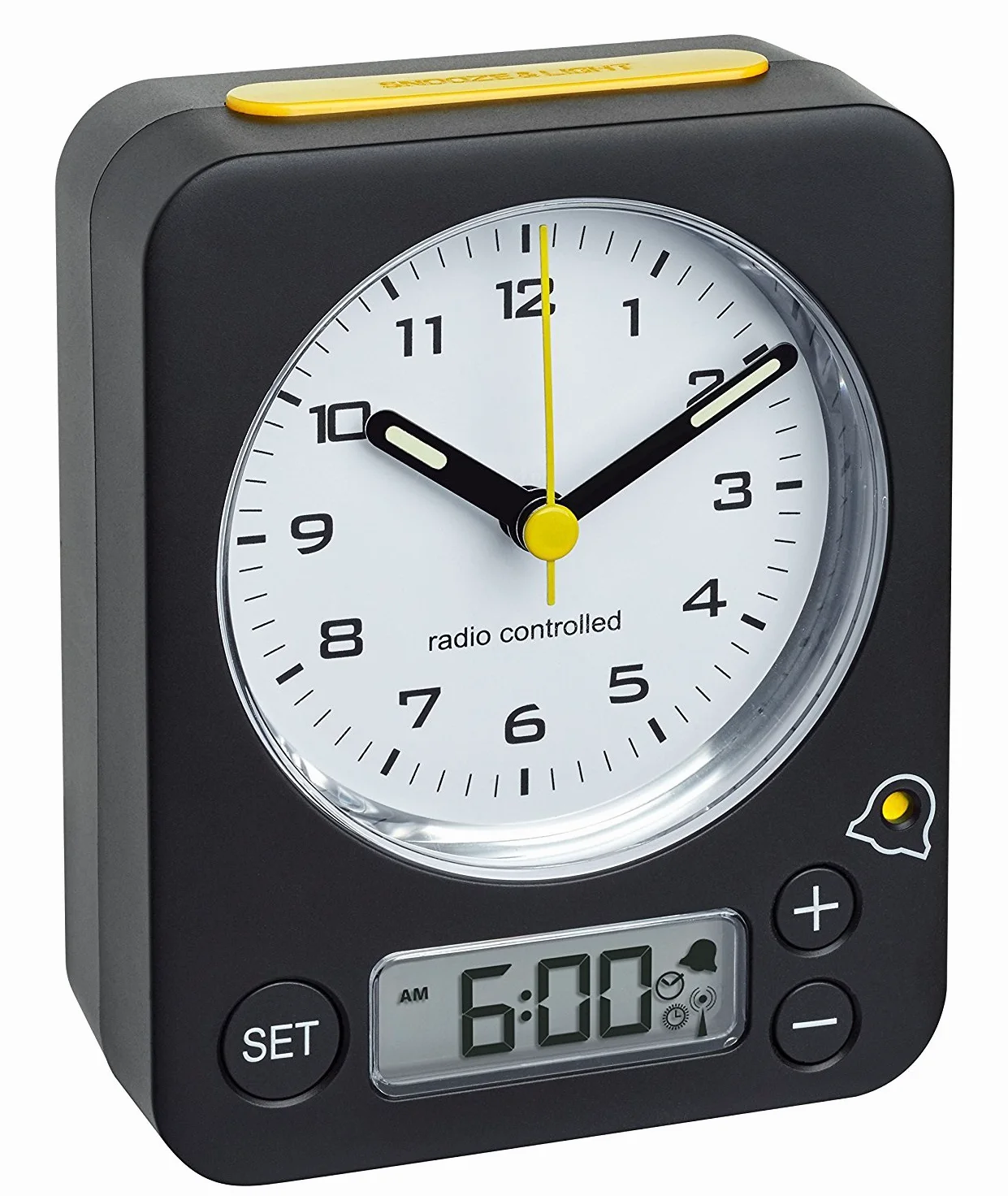 TFA-Dostmann 60.1511 Radio Despertador Combo Reloj Despertador de Viaje analógica, Negro-Amarillo con baterías