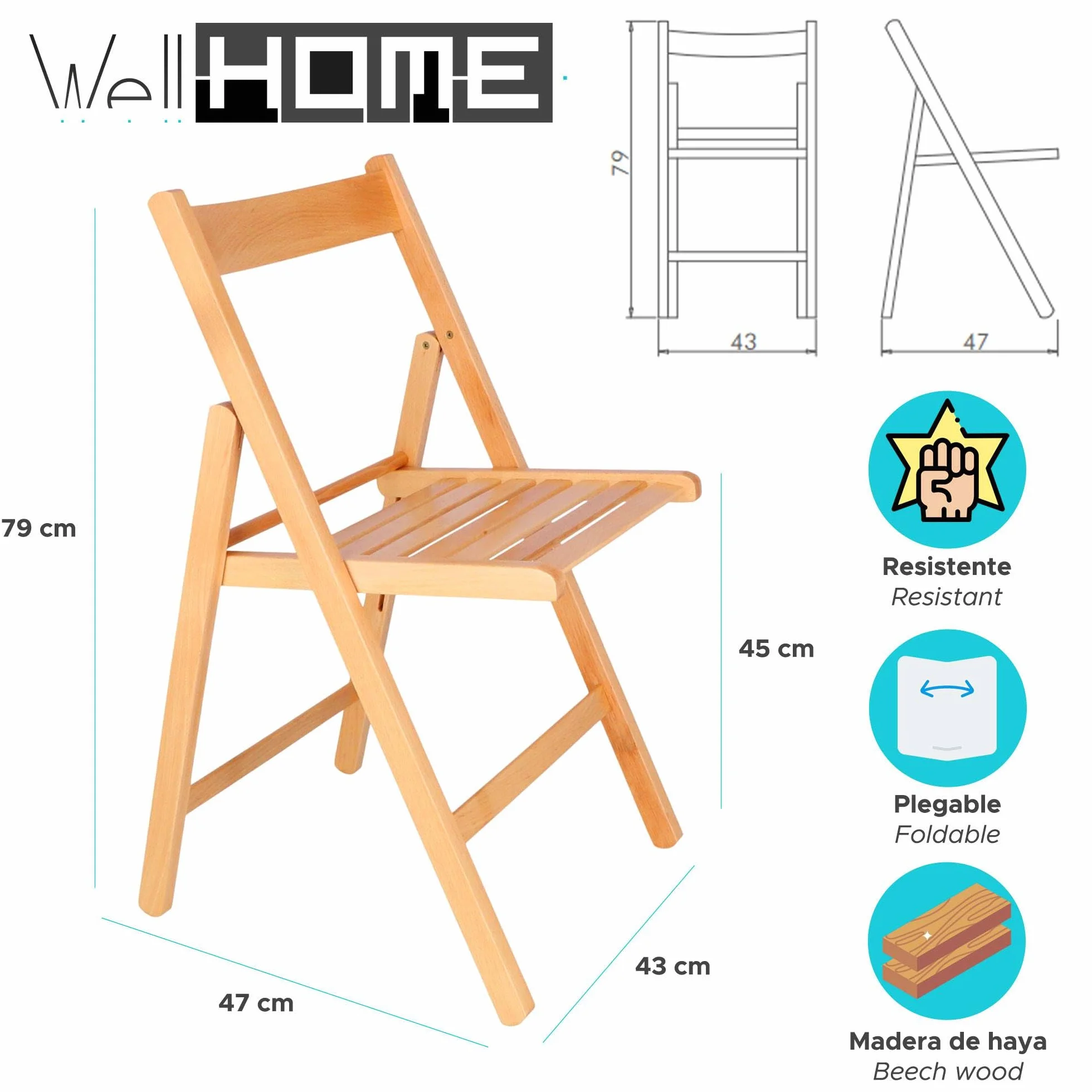 Well Home MOBILIARIO & DECORACIÓN - Pack 4 Sillas Bas en Madera de Haya, Aceite