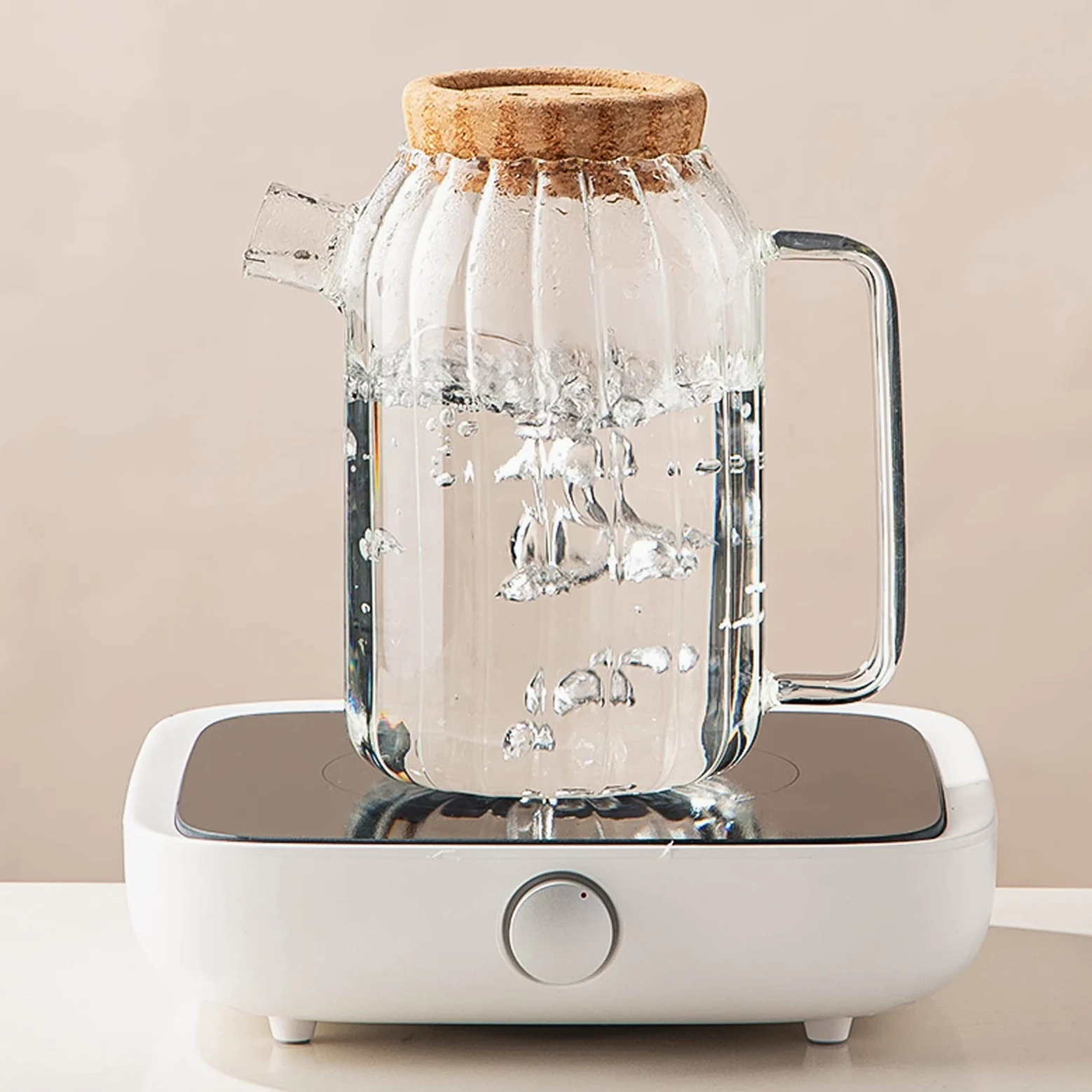 Jarra Agua Fria Jarra de vidrio de borosilicato con gorra de corcho Hogar de cristal resistente al calor Jarrafa con mango eléctrico estufa de cerámica calentamiento tetera Jarra Agua Detox Frutas