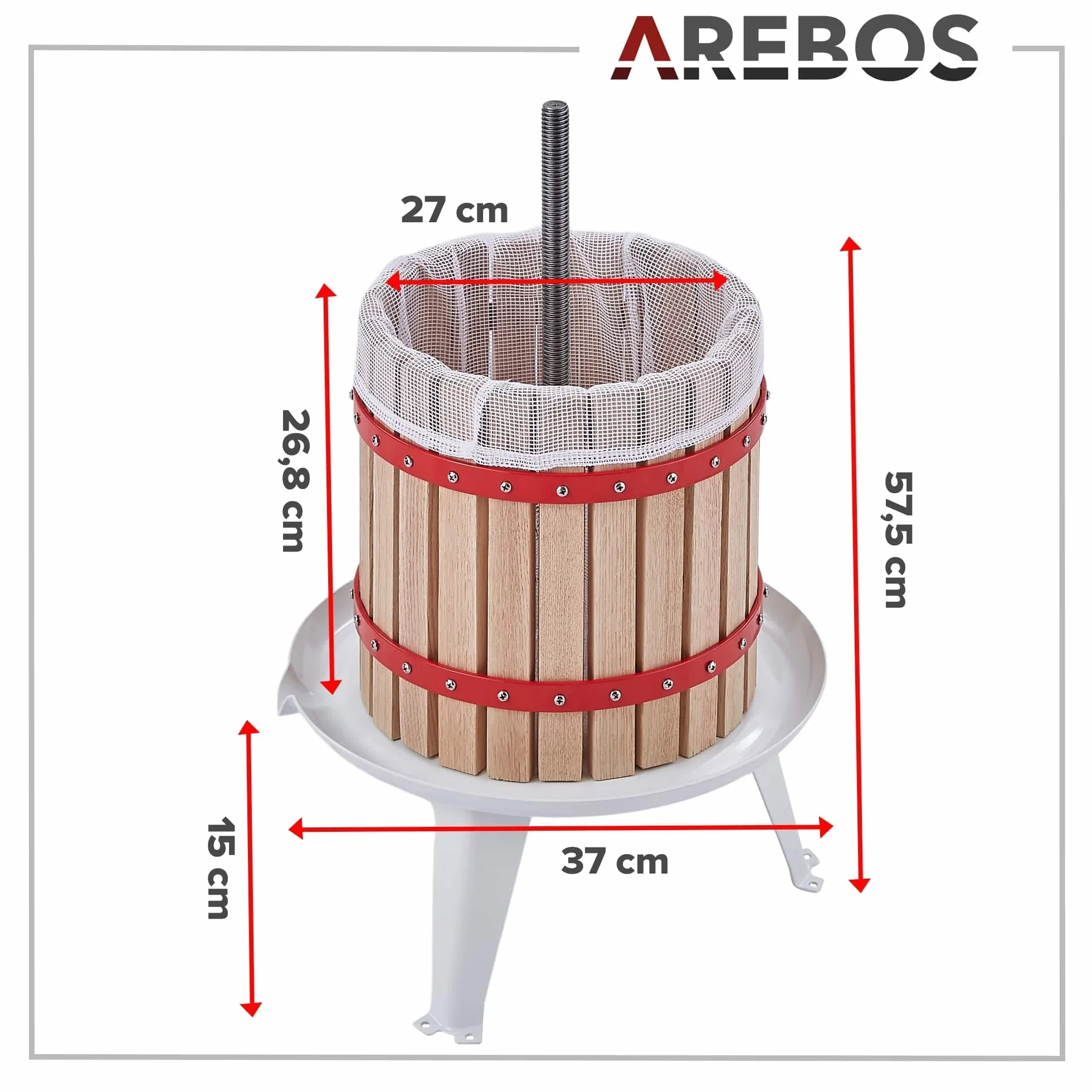 Arebos Prensa de Frutas 12L | Prensa Manual de zumos I Prensa de Bayas Incl. paño de prensado, Placa de presión y husillo metálico I para Todo Tipo de zumos y Verduras