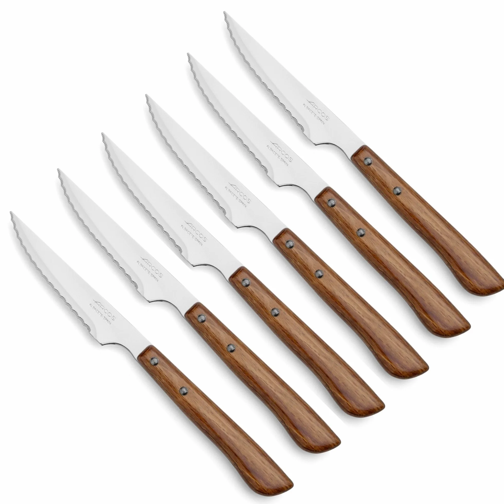 Arcos Cuchillos Carne | 6 pzas | Cuchillos chuleteros Set Cuchillo de Mesa Sierra | Mango Madera | Hoja 110 mm | Cuchillos Carne Mesa | Apto lavavajillas | Envase Carton | Ecologico