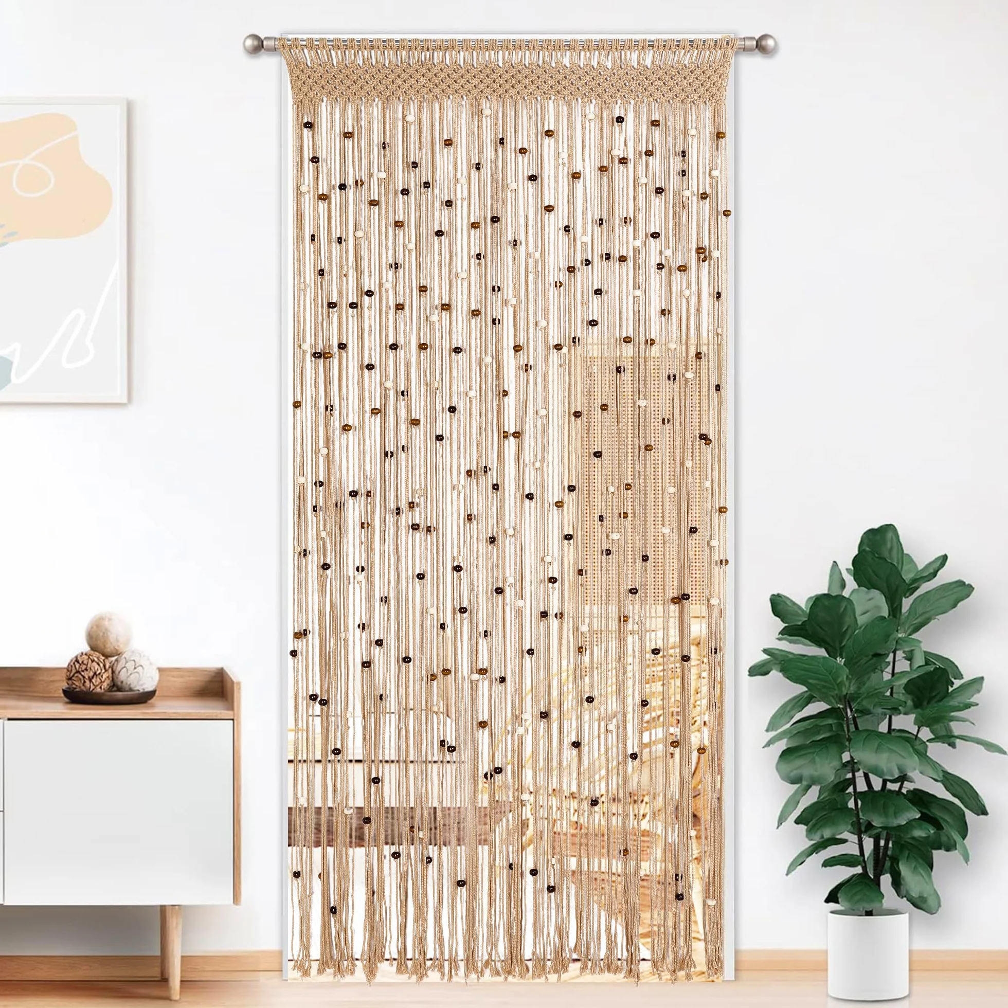 BECHAEO Cortina de Cuentas de macramé, Hecha a Mano, de algodón, para Puerta, Ventana, Cuentas de Madera, Colgante, Divisor de habitación, Armario, Dormitorio, decoración de privacidad, 2 Paneles de