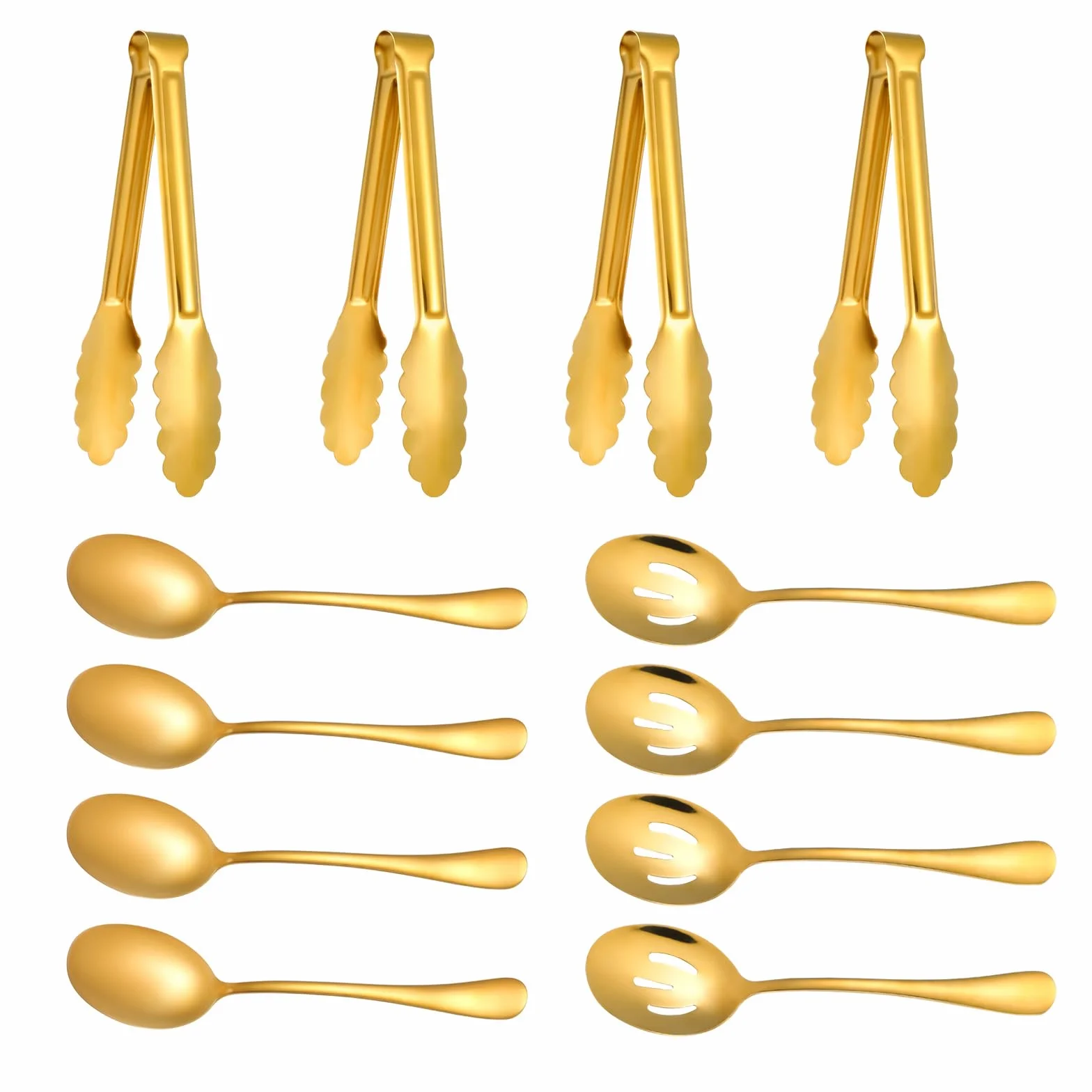 Juego de 12 utensilios de servir de acero inoxidable dorado, cucharas grandes, cucharas ranuradas, pinzas para servir, pinzas para aperitivos, juegos de utensilios para bufé, catering, banquetes y