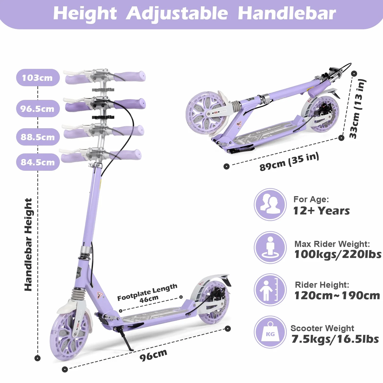 Patinete para niños adultos Ruedas Grandes 200 mm Frenos de Disco Doble absorción Impactos