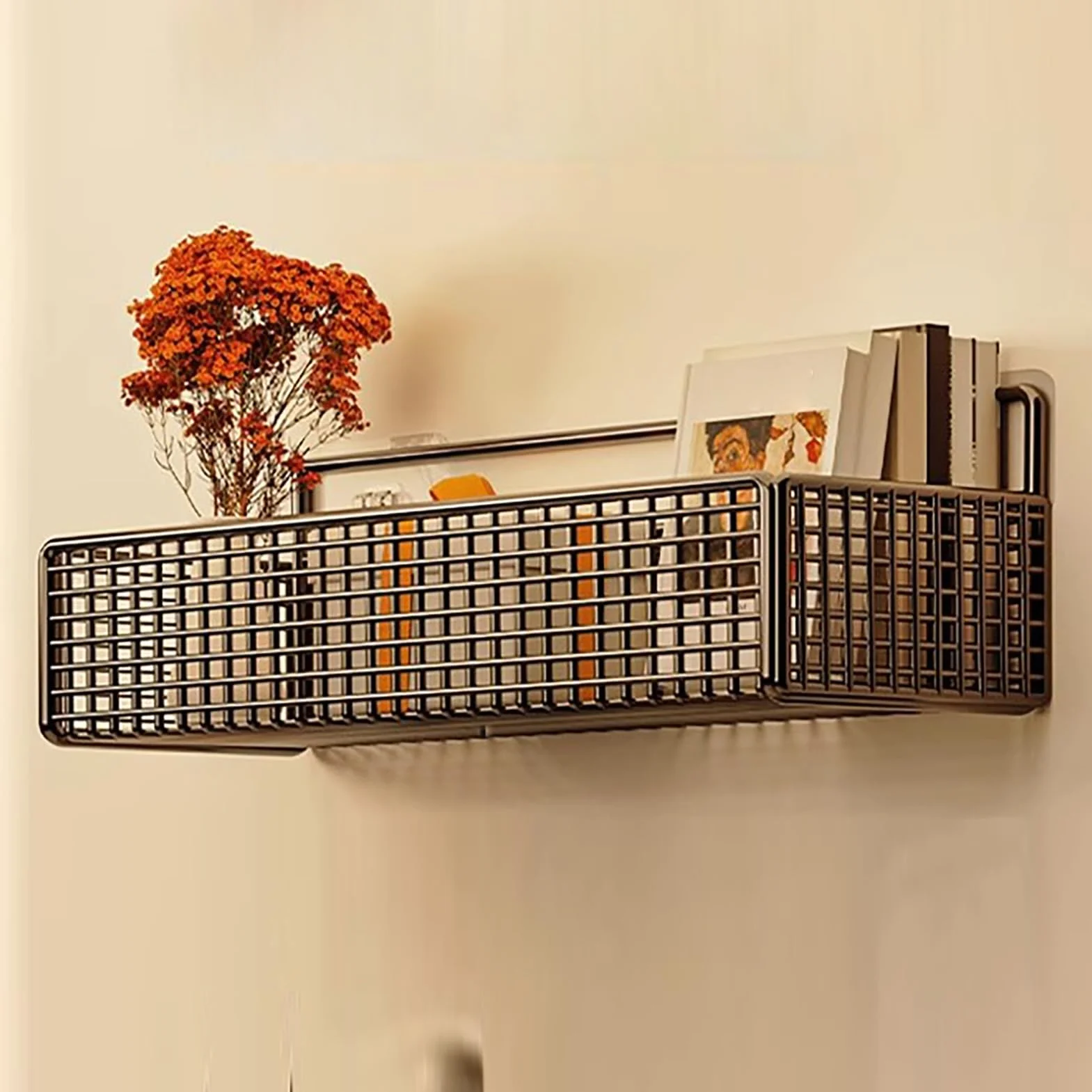 Tyenaza Cesta de Almacenamiento de Pared, Cestas de Almacenamiento de Metal Colgantes, Soporte de Pared de Cesta de Alambre de Metal, Sin Taladrar, para Dormitorio, Baño, Cocina, Negro(27x15x9cm)