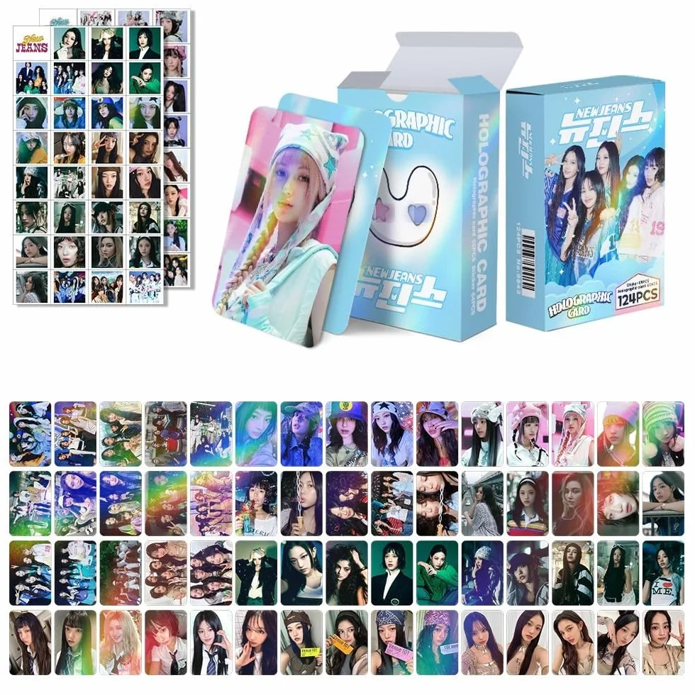 K-pop - Juego de 60 tarjetas fotográficas postales, 64 calcomanías, soporte para carpeta de álbumes, llavero (NEW-JEANS)