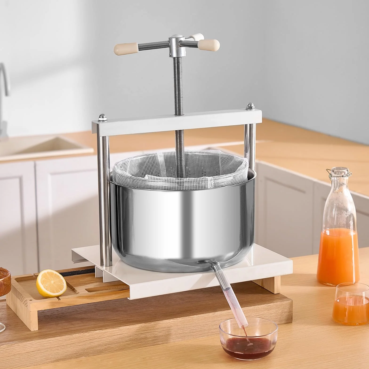 VEVOR Prensa de Vino de Frutas 12 L, 2 Barriles de Acero Inoxidable, Exprimidor Manual, para Hacer Sidra, Manzana, Uva, Tintura, Miel, Aceite de Oliva con Mango Triangular, 370 x 355 x 665 mm