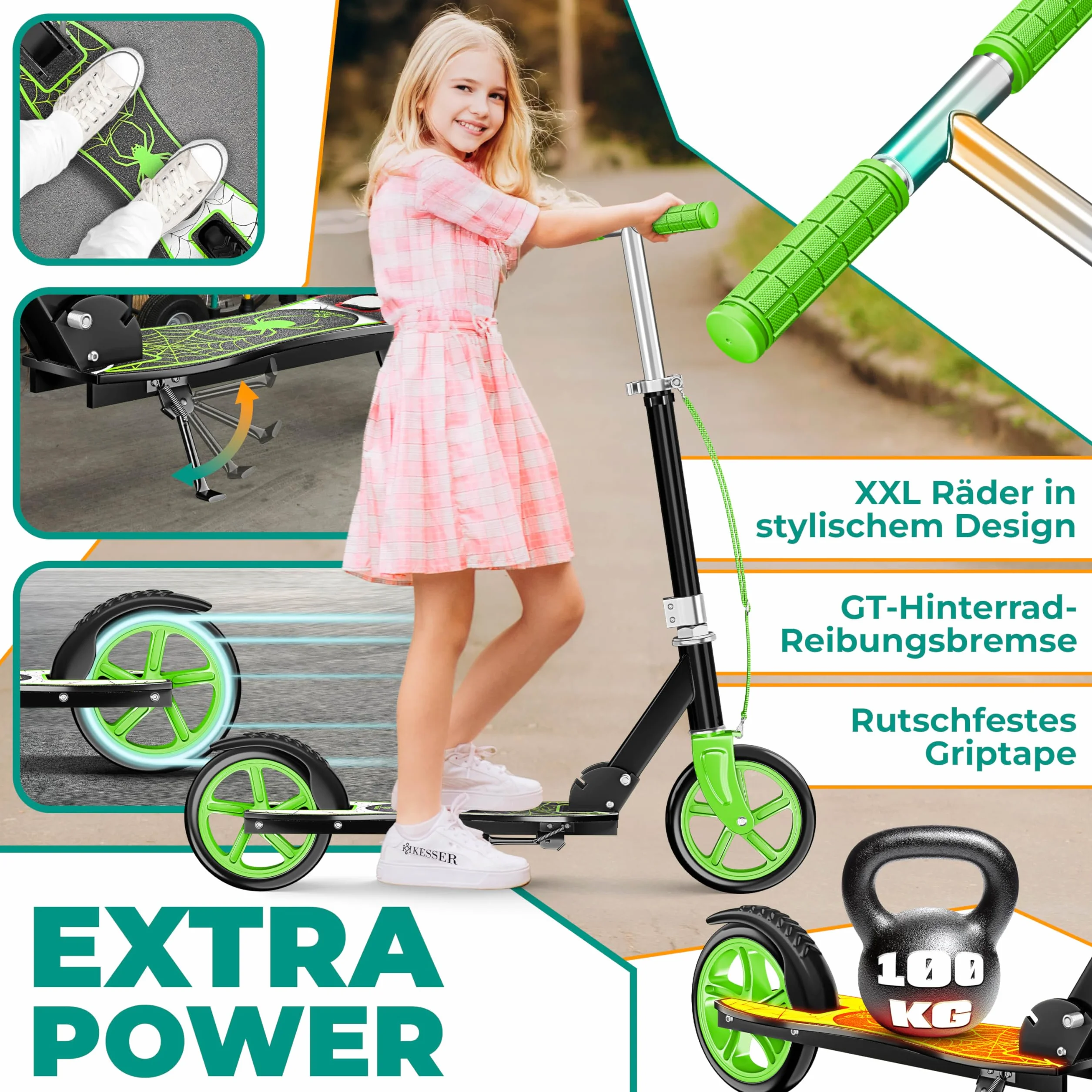 KESSER City Scooter Plegable para Niños, Patinete Regulable en Altura hasta 100 kg, Freno Trasero