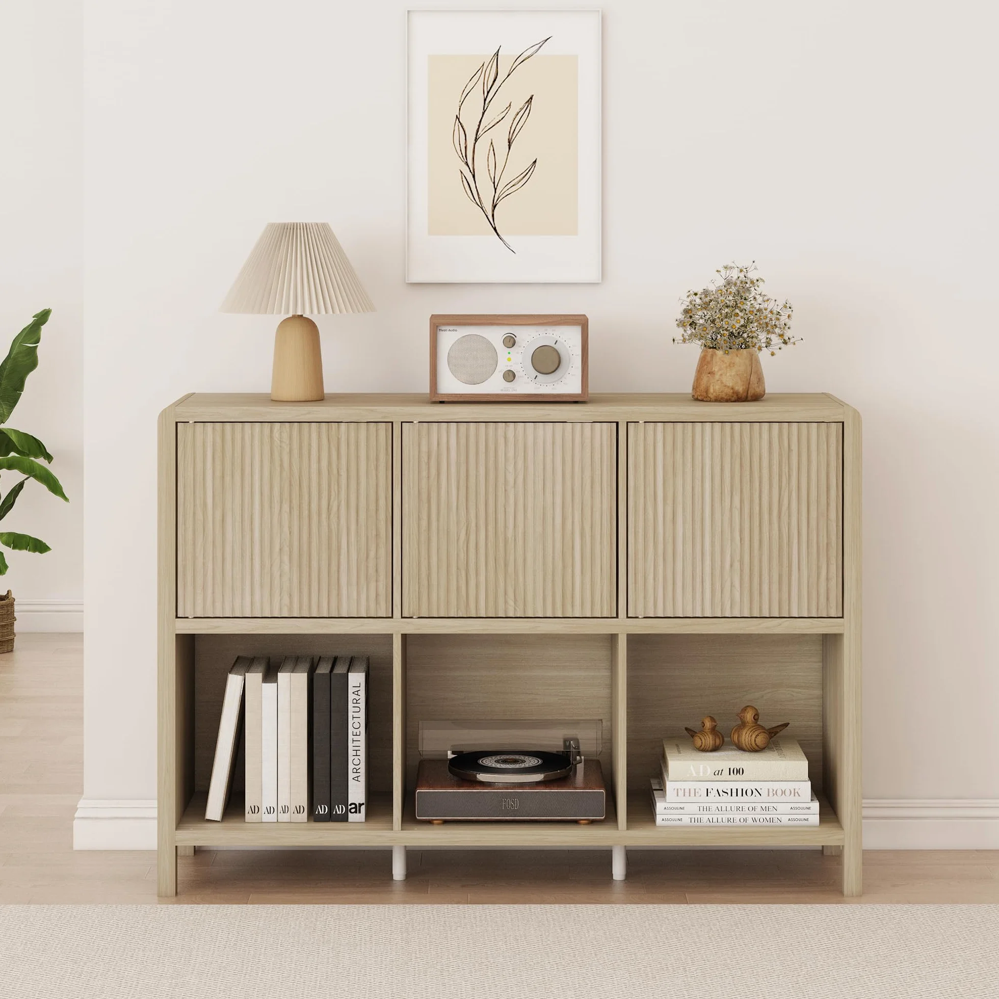 [en.casa] Aparador Bajo Lukkodso con 6 Compartimentos Mueble Auxiliar con 3 Puertas Variables Rectangular Armario Multiusos 77 x 110 x 30 cm - Efecto Roble