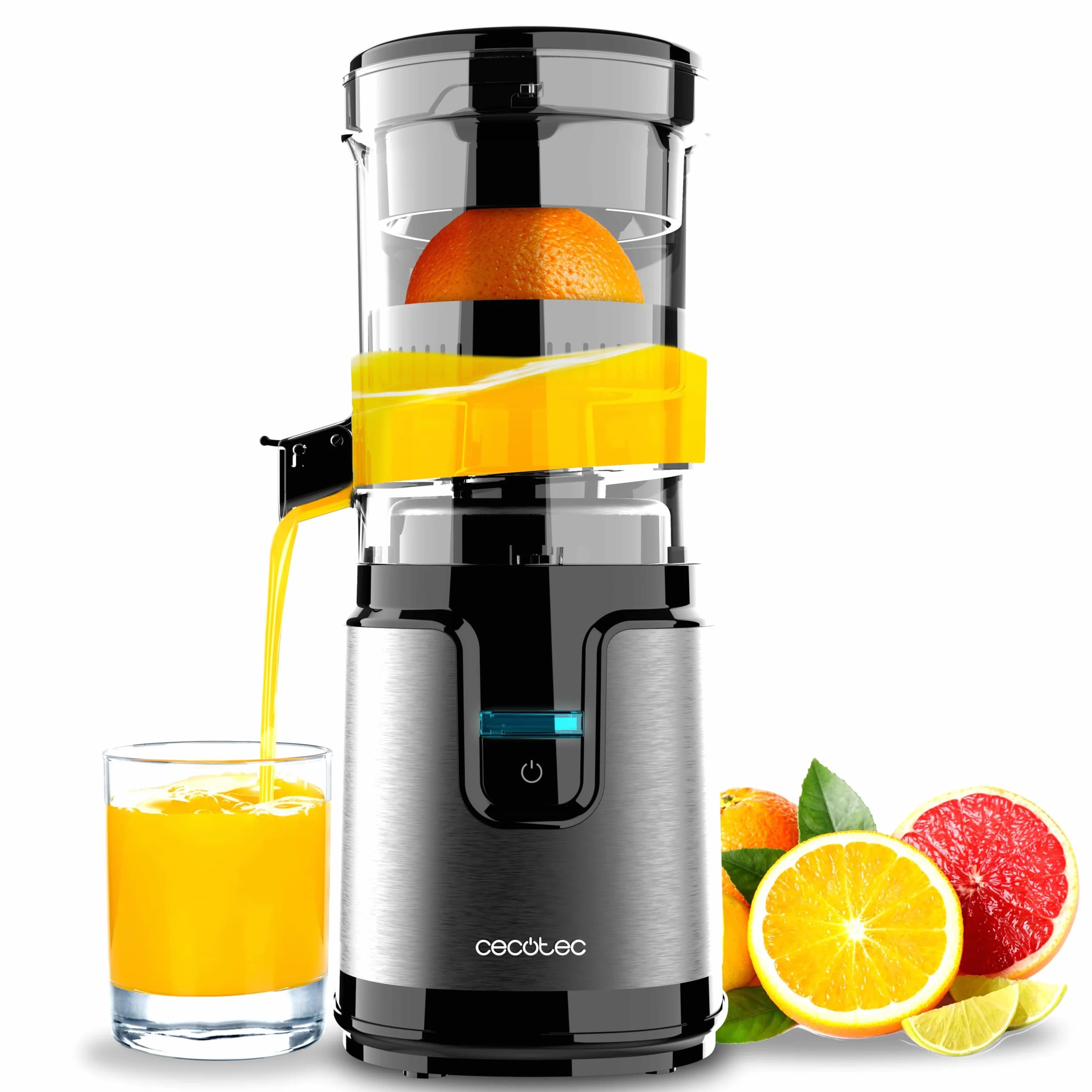 Cecotec Exprimidor de Naranjas Eléctrico de Torre Essential TowerAdjust Easy Steel. 140W, Capacidad de 0,35L, Incluye un Filtro y un Cono de Plástico, Única Dirección de Rotación, Desmontable