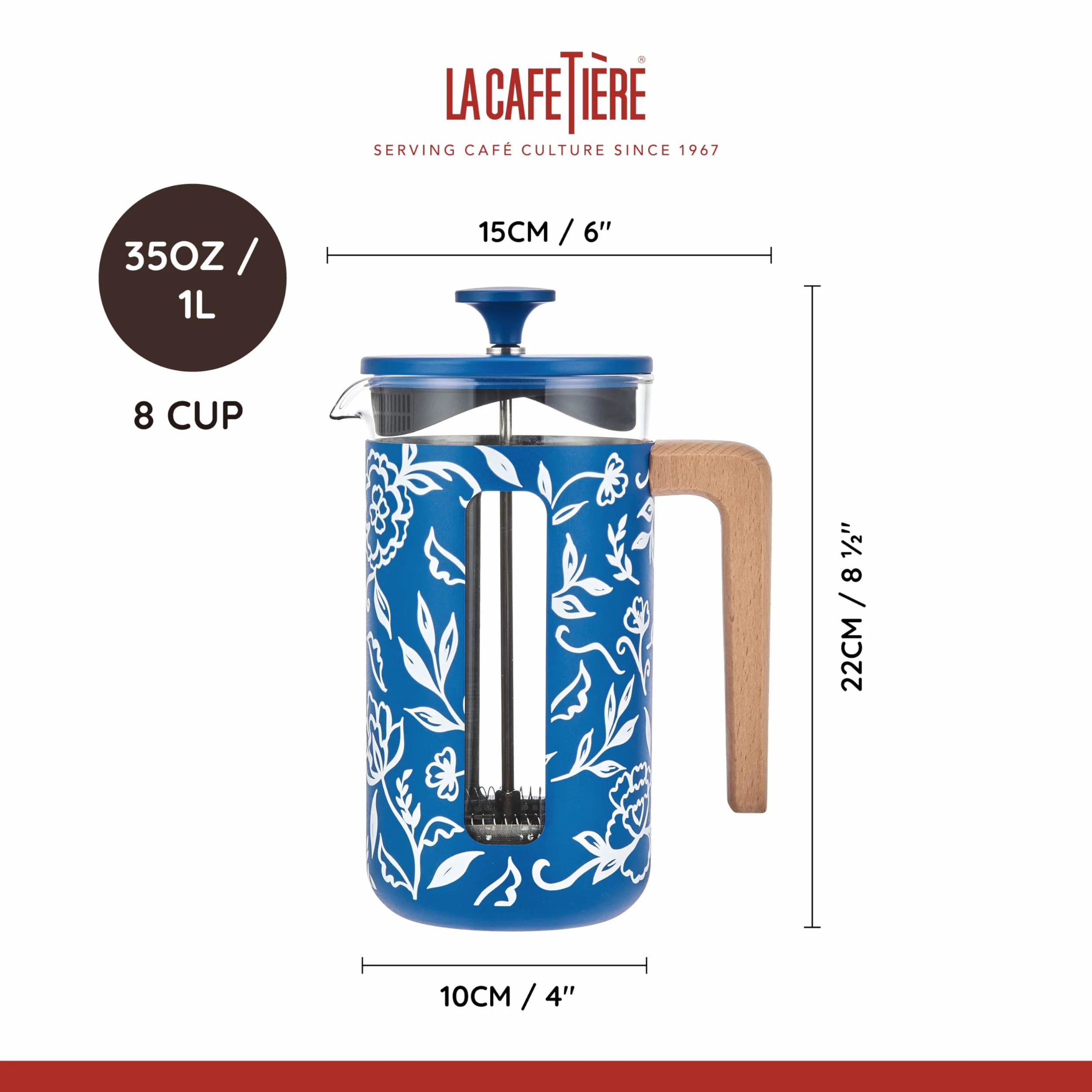 La Cafetière Pisa - Cafetera grande de prensa francesa de 8 tazas con diseño floral, cerámica resistente al calor de 1 L con émbolo de fácil agarre, ideal para té suelto y café molido, Blu Fiorato