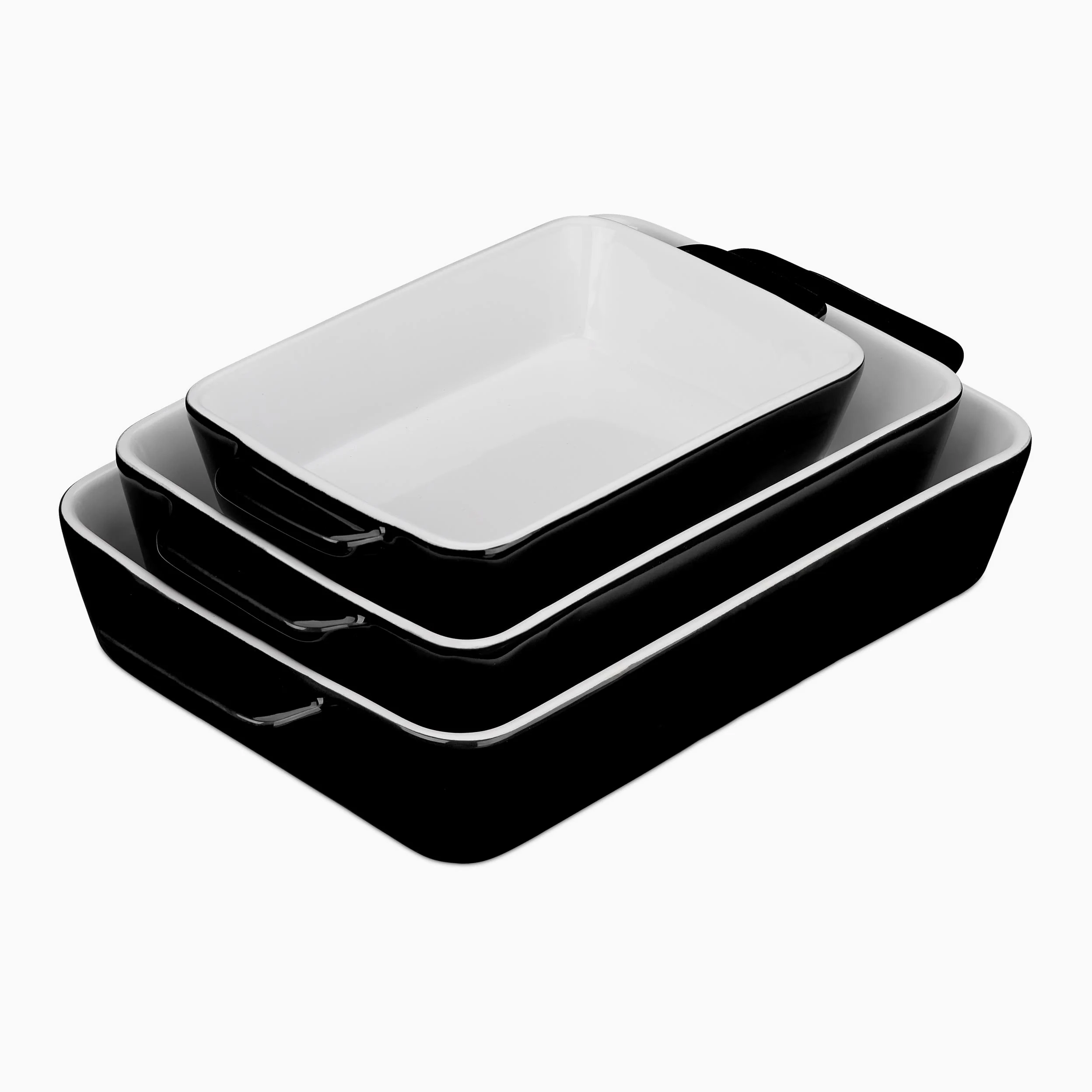 Relaxdays Pack de 3 Fuentes Horno, 3 Tamaños, Rectangular, Cerámica, Apto Lavavajillas, Recipiente Lasaña, Negro/Blanco