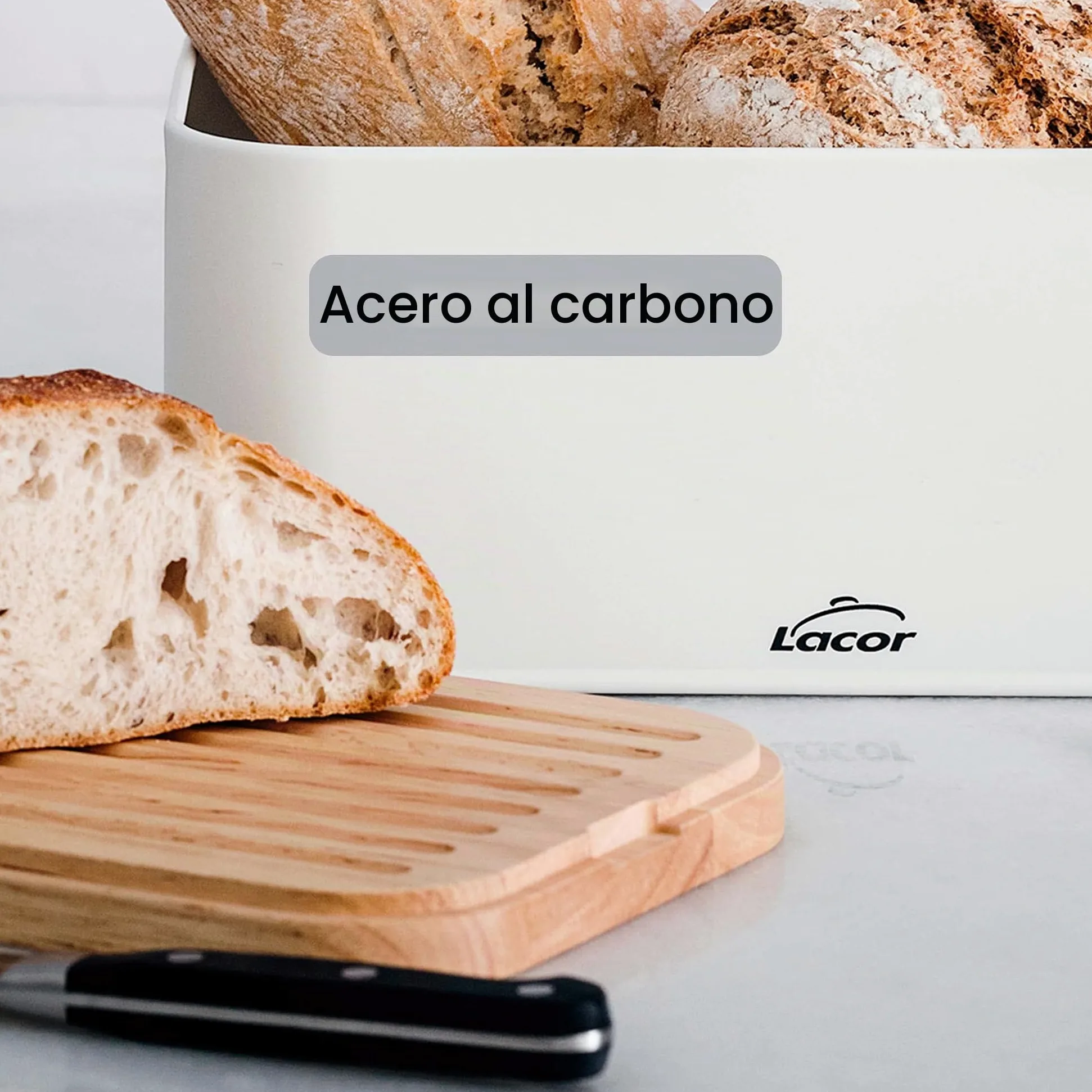 LACOR 62869 - Panera estilo Nórdico de Acero de Carbono, Tapa de madera | En madera natural, para un uso práctico y profesional en cocina; ideal para cocina profesional y uso diario en casa