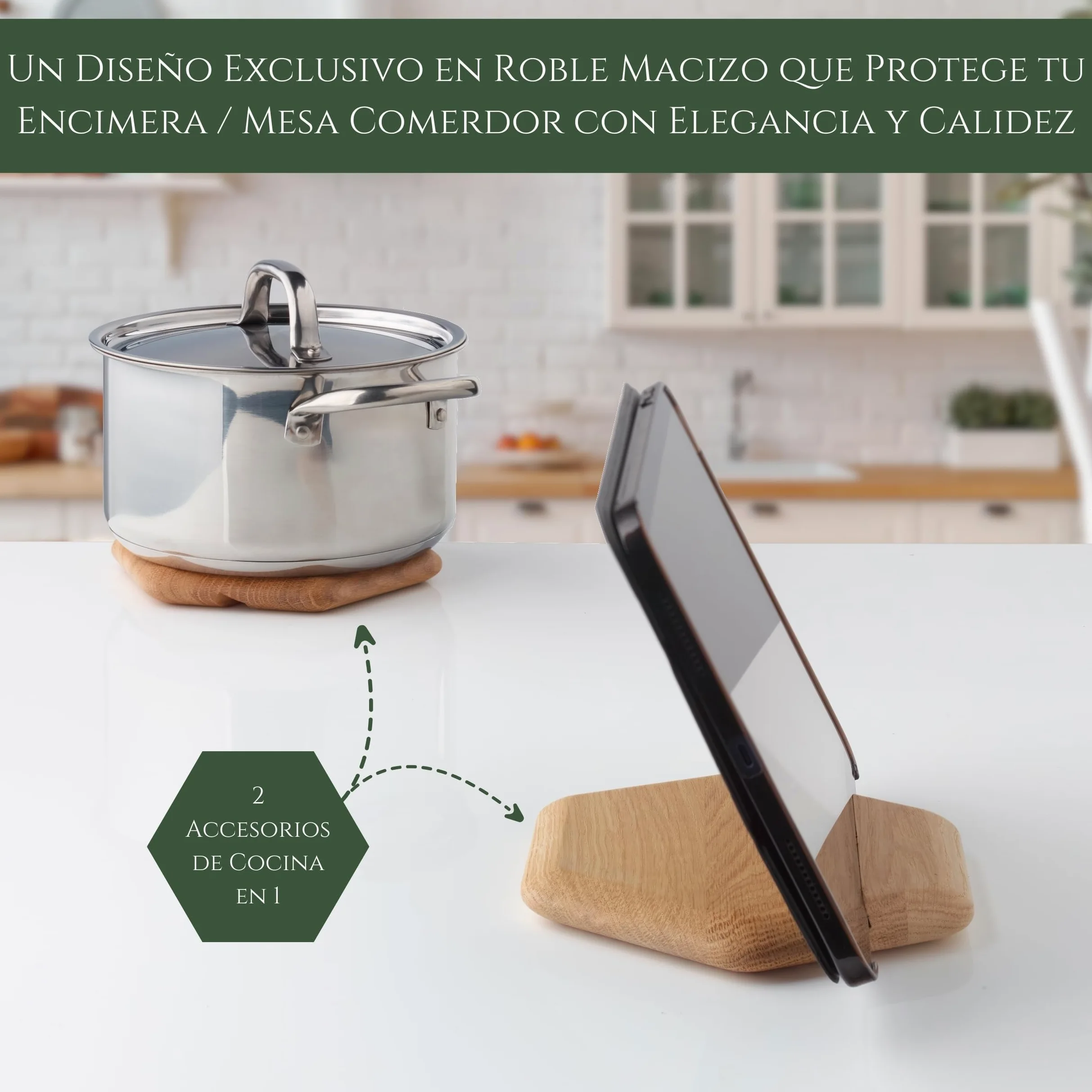 Salvamanteles Ollas Calientes 2 en 1 de Roble Macizo - Salvamanteles Imantado con Soporte para Tablet - Ideal como Protector Encimera y Mesa Comedor