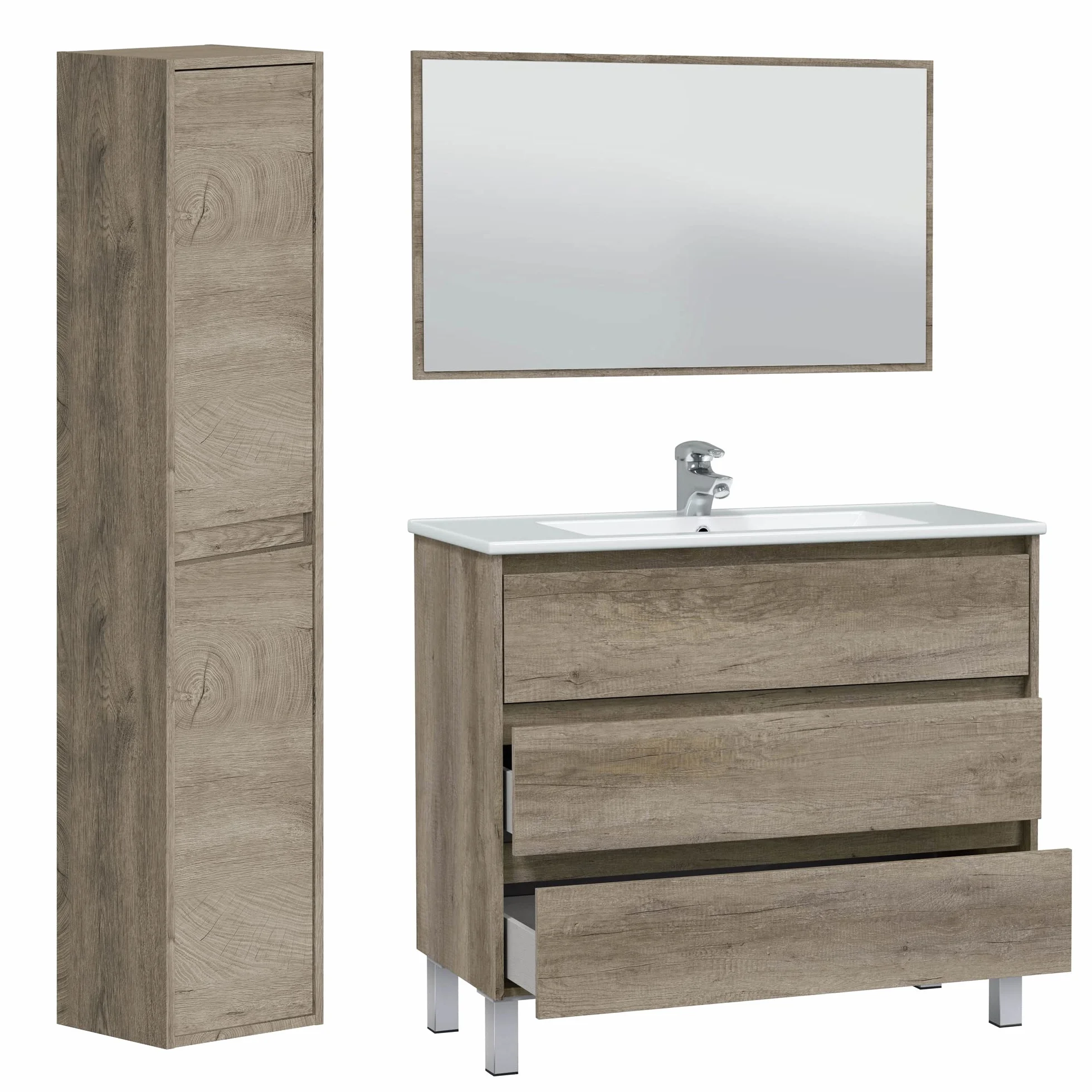 HOMN LIVING Mueble de Baño Devin con 3 Cajones, Espejo y Columna 2 Puertas, Acabado en Nordik, 100 cm (Ancho) x 45 cm (Fondo) x 86 cm (Alto)