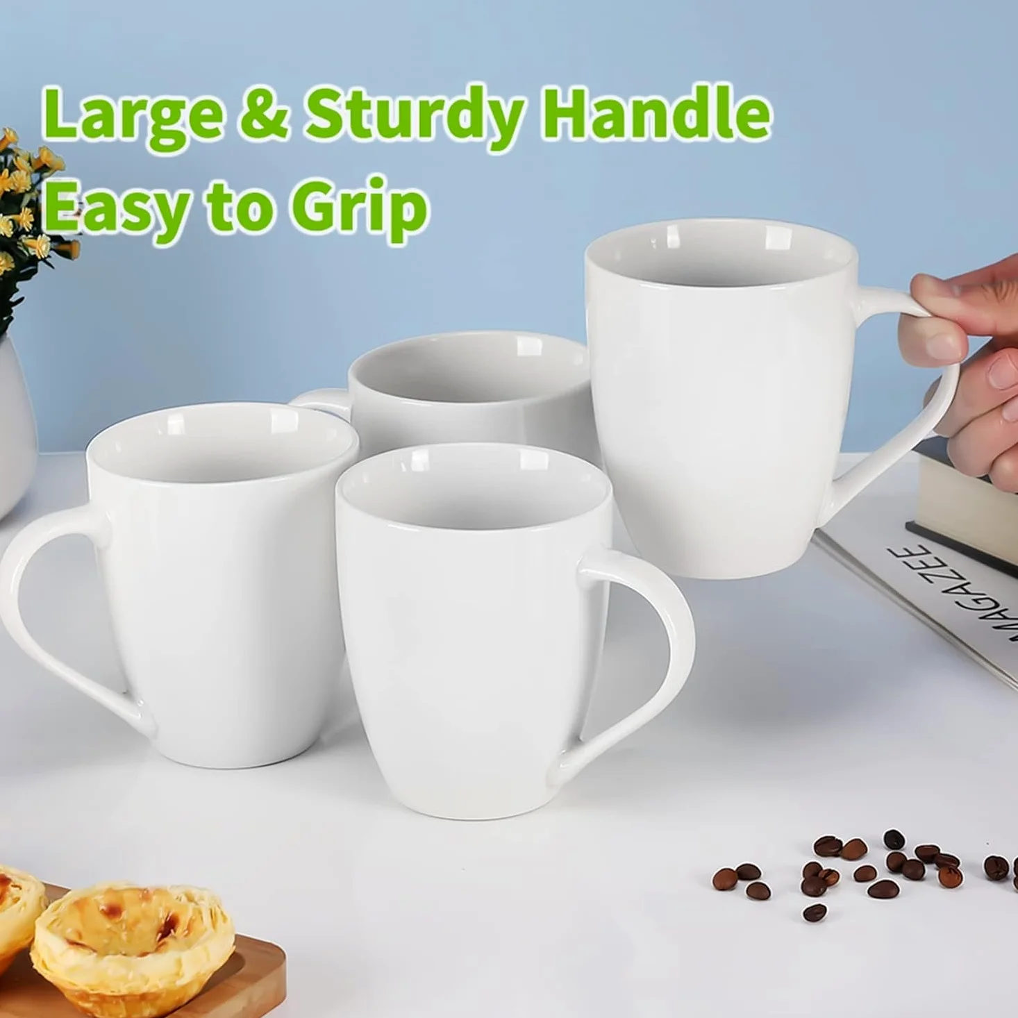 Juego de 6 tazas de café de porcelana de 13 onzas con asa, tazas de té de cerámica para café con leche, té caliente, capuchino, moca, cacao, juego de regalo de tazas de colores surtidos, aptas para