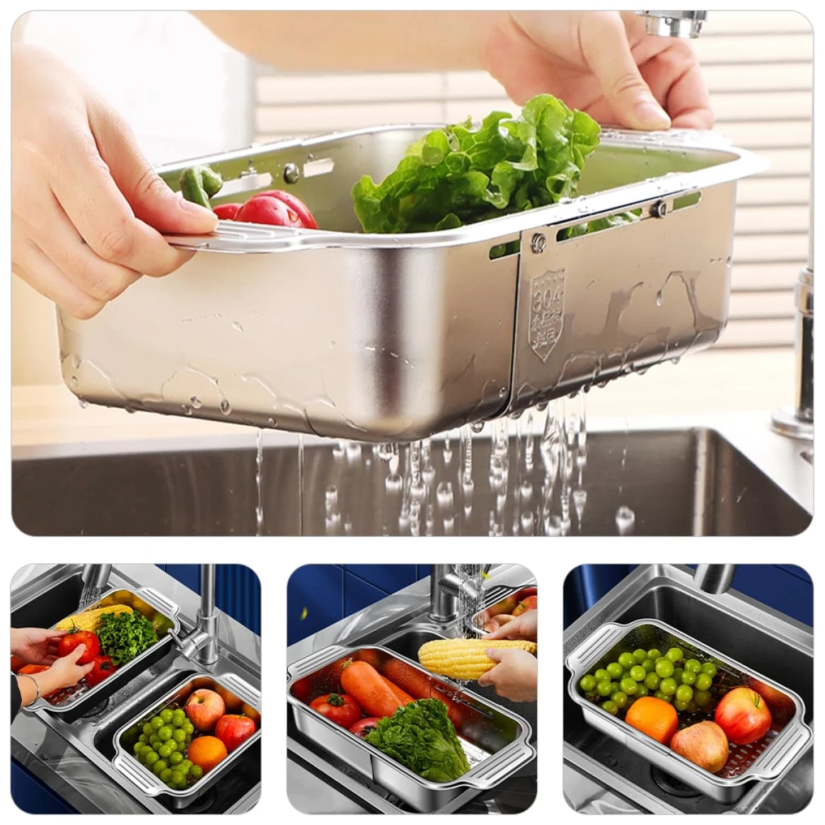 Colador Adecuado para Escurrir Pasta y Utensilios Fregadero Extensible de Fregadero Resistencia al Desgaste de Acero Inoxidable 304 y Filtrado de Agua para Cocina