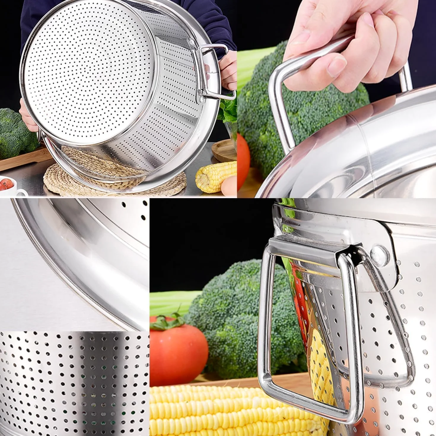 Cesta coladora de verduras, cesta de drenaje de acero inoxidable con asas dobles para escurrir pasta, fideos y lavar verduras, frutas, arroz