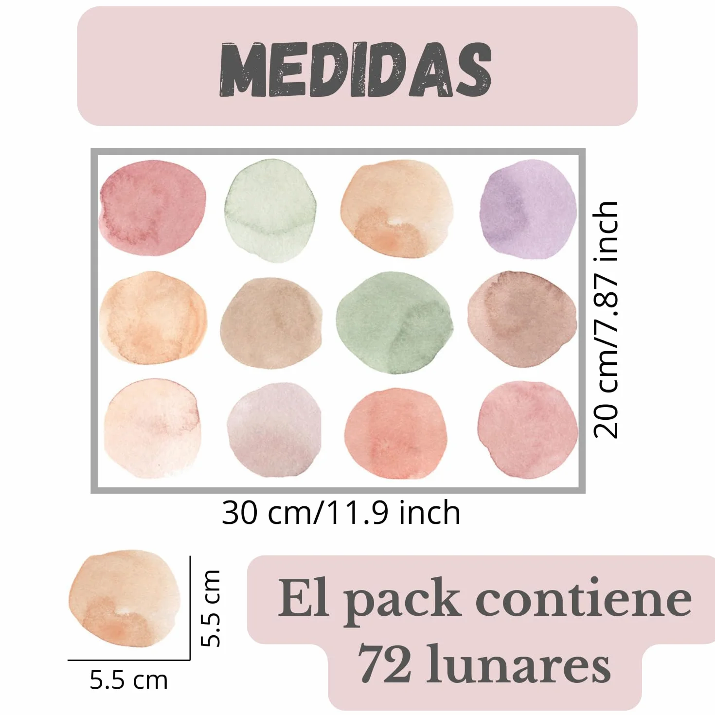 Pegatinas Infantiles Decorativas de Vinilo Adhesivo para Pared - Set de 72 Lunares Acuarela Multicolor para Habitación de Bebé