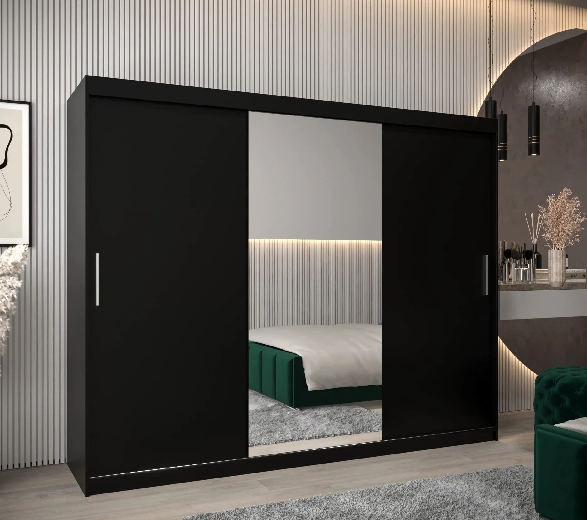 ABIKSMEBLE Tokio 1 250 Armario 3 Puertas Correderas para Dormitorio - Armario Moderno con Espejo, Barra y Estantes - 250x200x62 cm (Ancho x Alto x Fondo) - Negro Mate