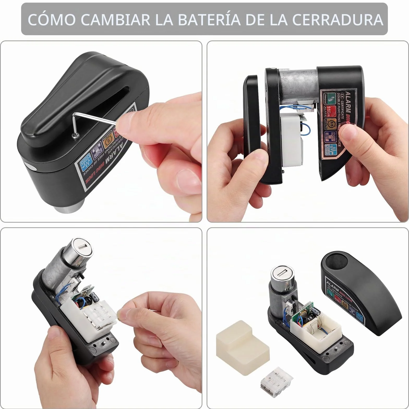 Justech Candado Moto Disco 110 DB Alarma 2 Modos + Candado Cadena Cable Recordatorio Bolsa Transporte Antirrobo Impermeable Alta Seguridad