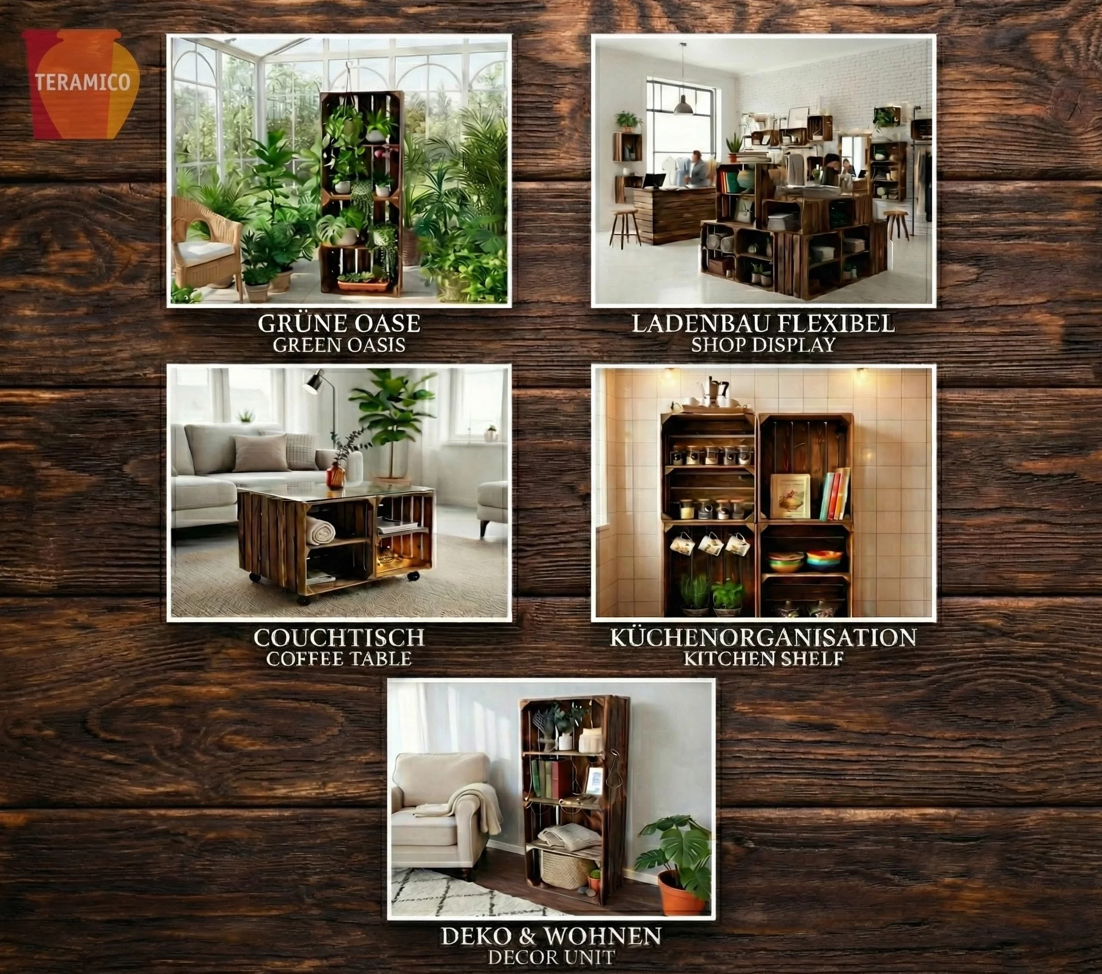 Teramico Antiguos cajones de fruta flameados en muchas variaciones. Ideales para la construcción de muebles o para almacenamiento. Acabado muy sólido y robusto (set de 4-2 x base transversal)