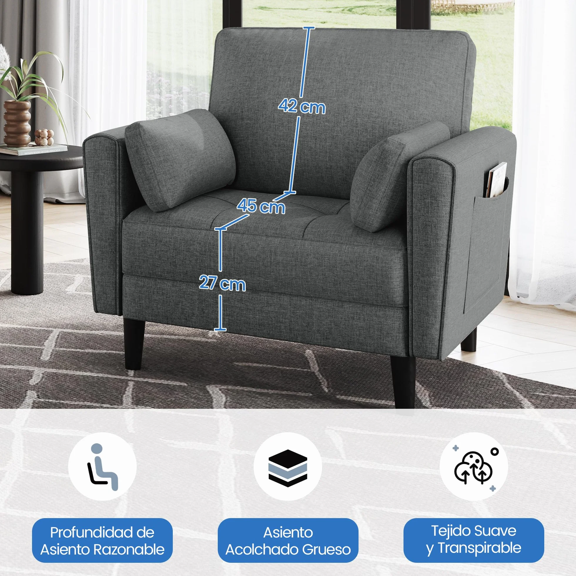 Yaheetech Sofá Individual Sofá Relax Sillon Lectura Tapizada de Tela para Sala de Estar Salon y Dormitorio 75 x 85.5 cm MAX Capacidad 136 KG Gris Oscuro
