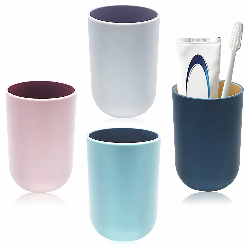 4 Vasos de Dientes de Plástico para el Cuarto de Baño, Vasos Reutilizables, Vasos Multifuncionales (Gris Claro, Azul Oscuro, Rosa Claro, Verde Claro)